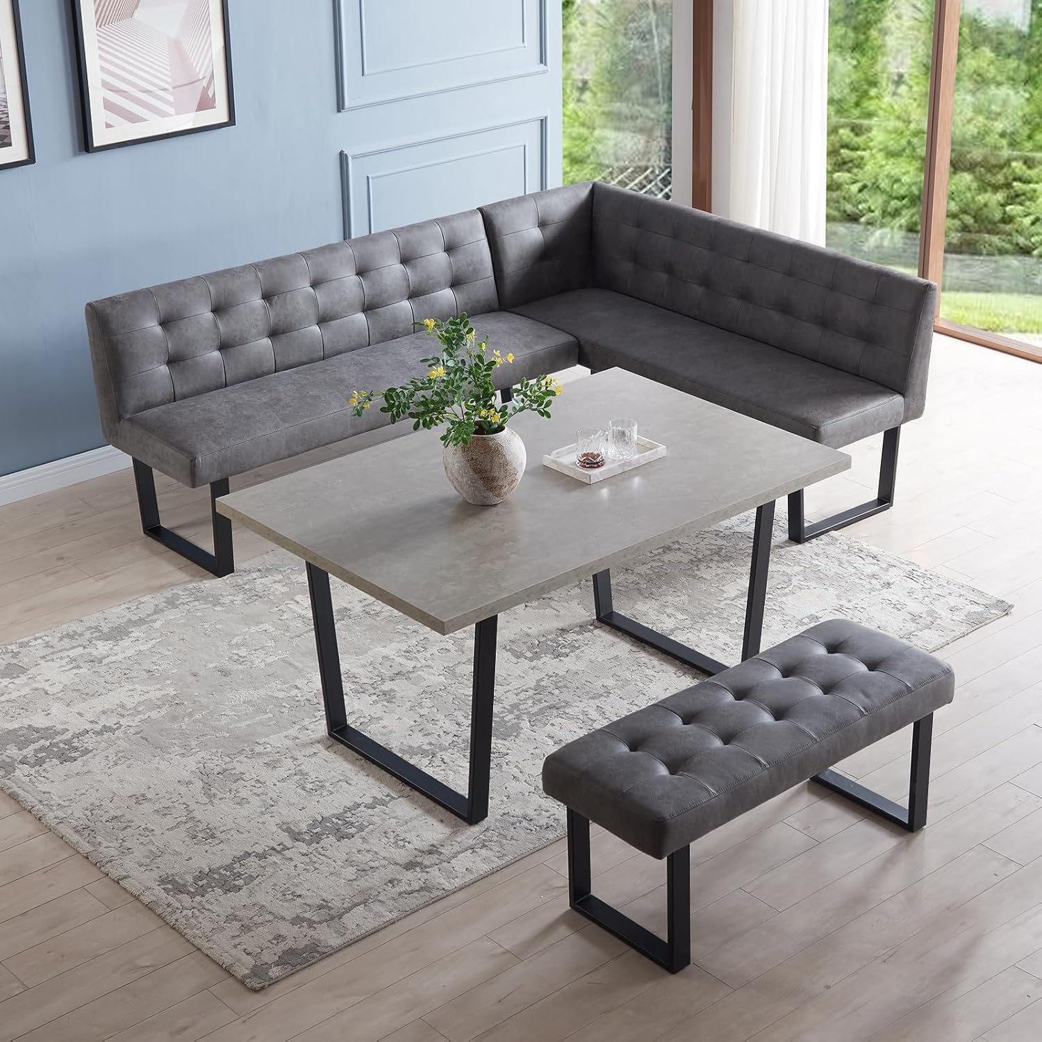 JIEXI Eckbank-Set mit Esstisch, Grau, Gepolsterte Tufting-Bänke, L-Form, 180 x 140 cm, Sitzhöhe 48 cm (180cm Eckstuhl mit Linkskurve + Bank, ohne Tisch)