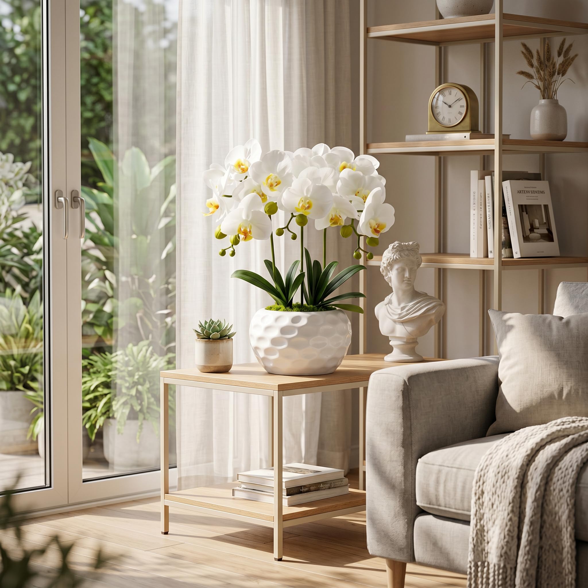 PlusFive Orchidées artificielles en pot - Phalaenopsis blanches en soie, orchidées artificielles comme de vraies pour la décoration intérieure, décoration de table, décoration de rebord de fenêtre