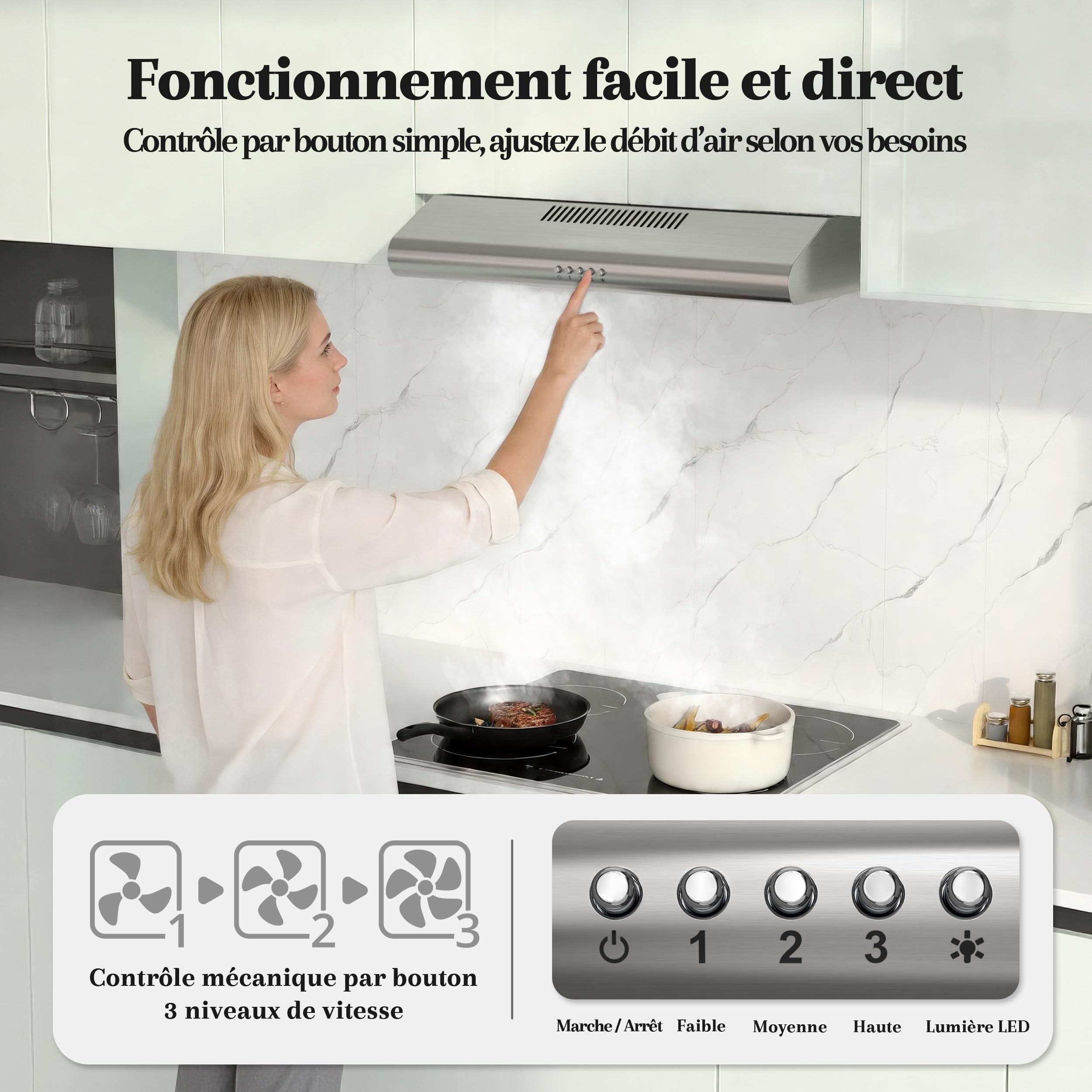 FIREGAS Hotte Aspirante 60cm Classe A++, Moteur Brushless Ultra Silencieuse 46dB, Débit 319m³/h, Hotte Cuisine Inox avec Filtre à Charbon, Évacuation Top/Arrière ou Recyclage, Argenté