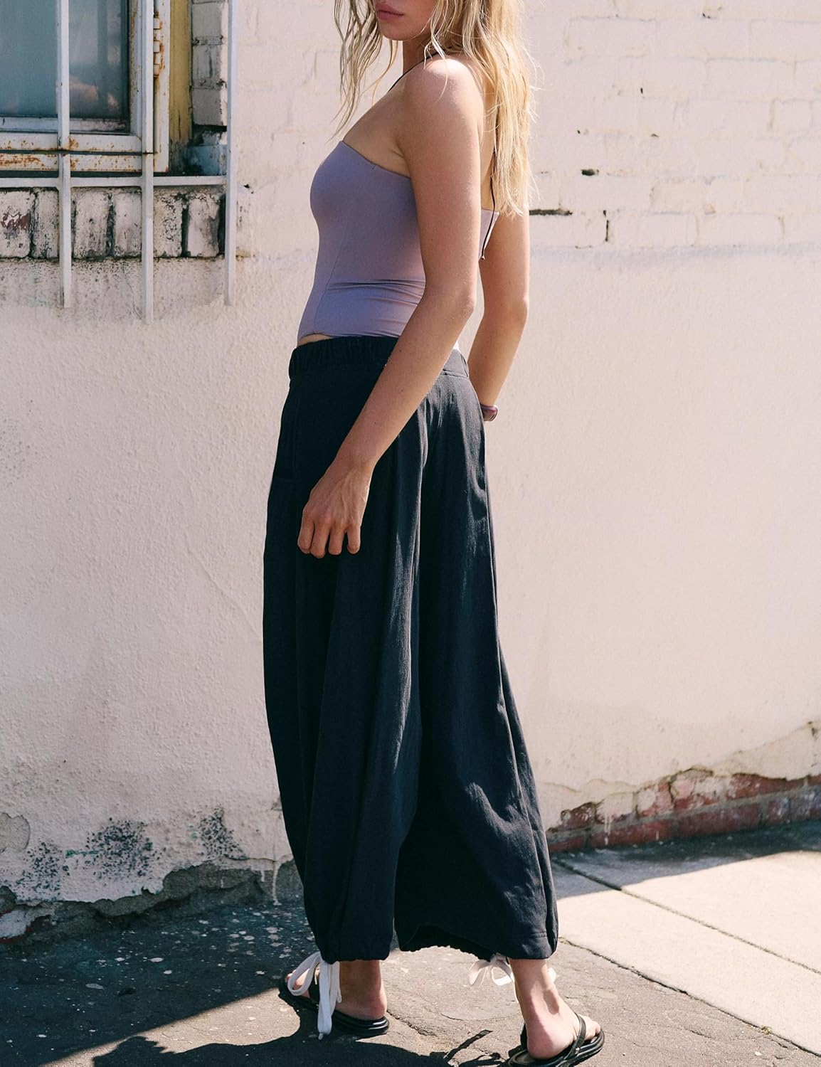 Womens Baggy Wide Leg Pants Cotton Loose Elastic Waisted Lounge Harem Beach Palazzo Trousers with Pockets - Image 4