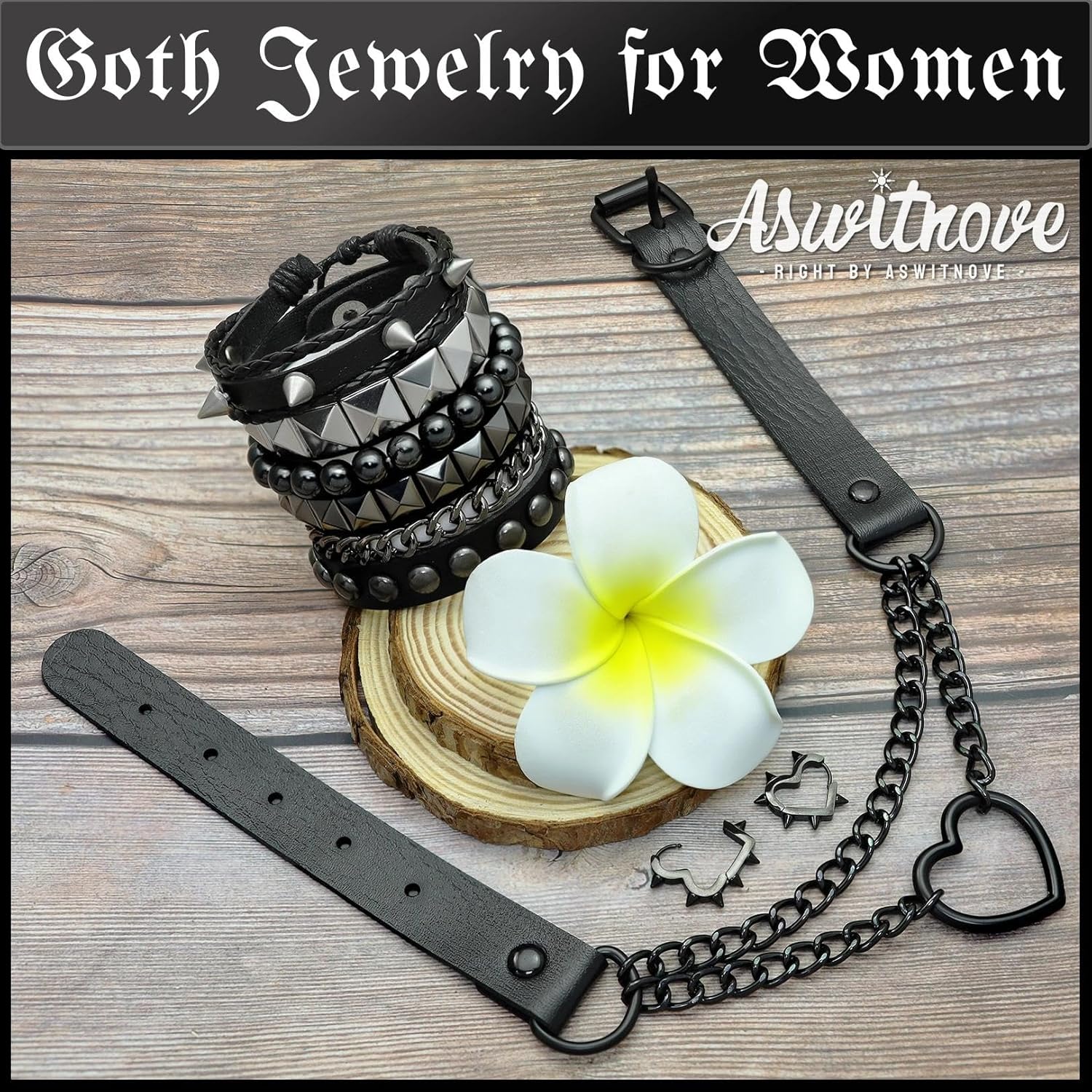 6 Pcs Punk Studded Bracelets Grunge Gothic Necklace Earrings Jewelry Set 80s Alt PU Emo Bracelets Goth Heart Chain Choker Layered Cross Necklace Y2K Spike Heart Earrings for Women Men - Image 3