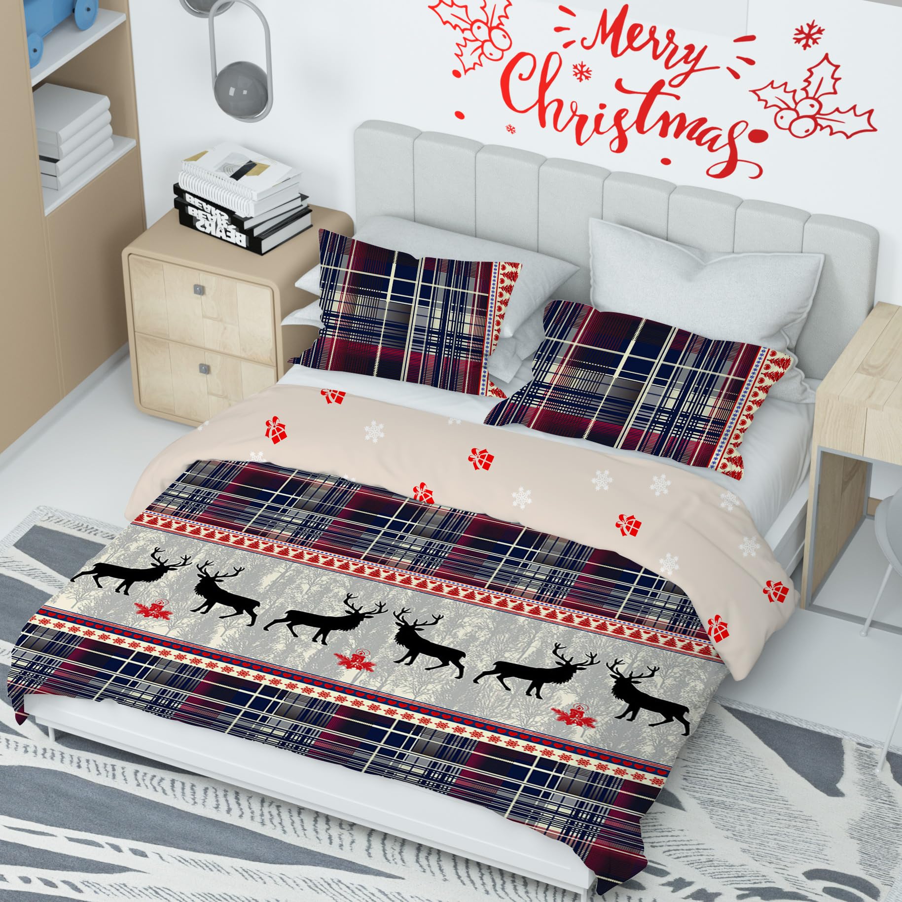 AVJWWD Set Copripiumino Natalizio Set di biancheria da letto di Natale,per bambini e bambine Set di Biancheria da Letto Decorazione Natalizia per Interni (Alce a Scacchi, 220 x 240 cm)