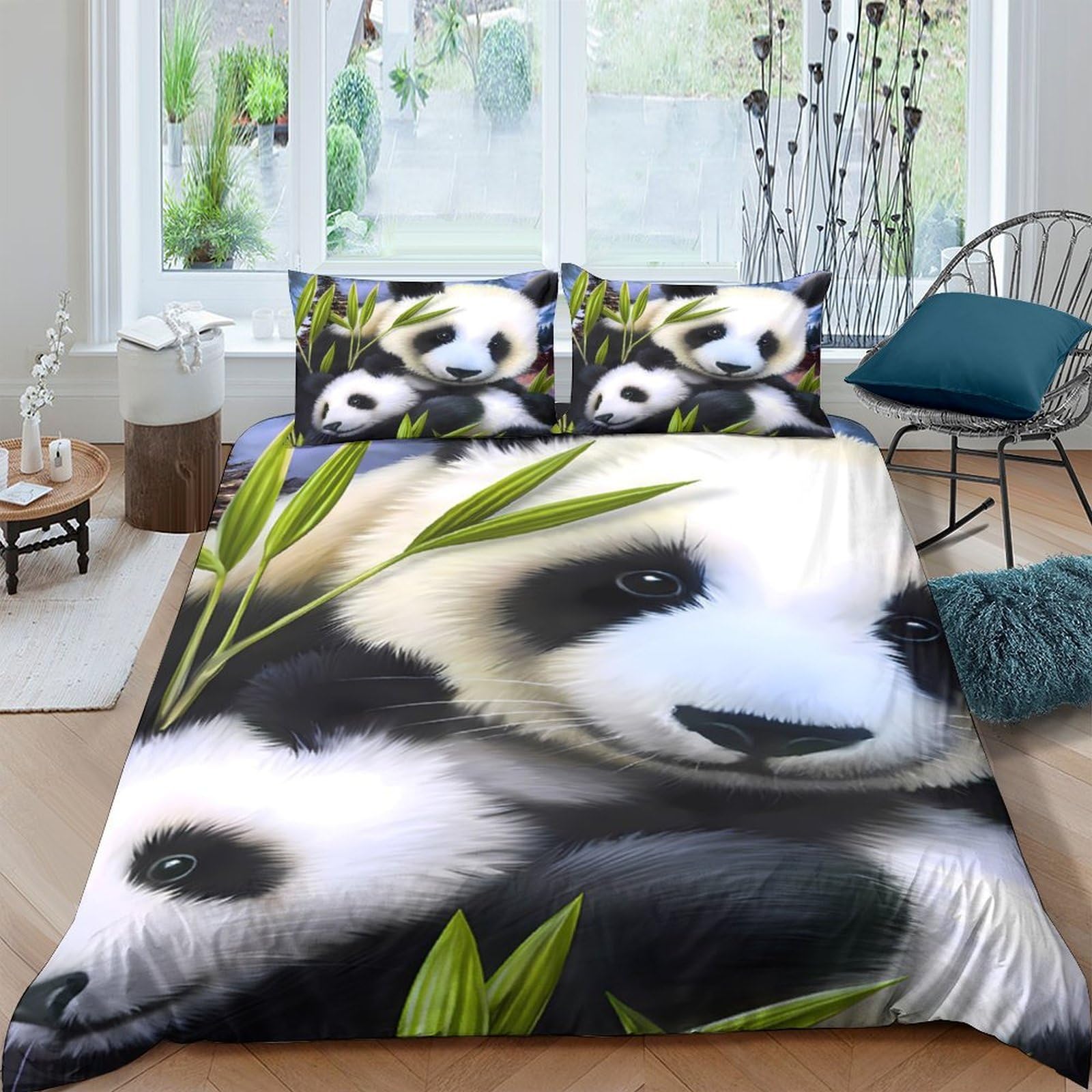 TUFRTGYHN 3D Printed Panda Bamboo Duvet Cover Set Microfiber Soft Breathable Bedding Set with 2 Pillowcases for Bedroom Decor Single（135x200cm）