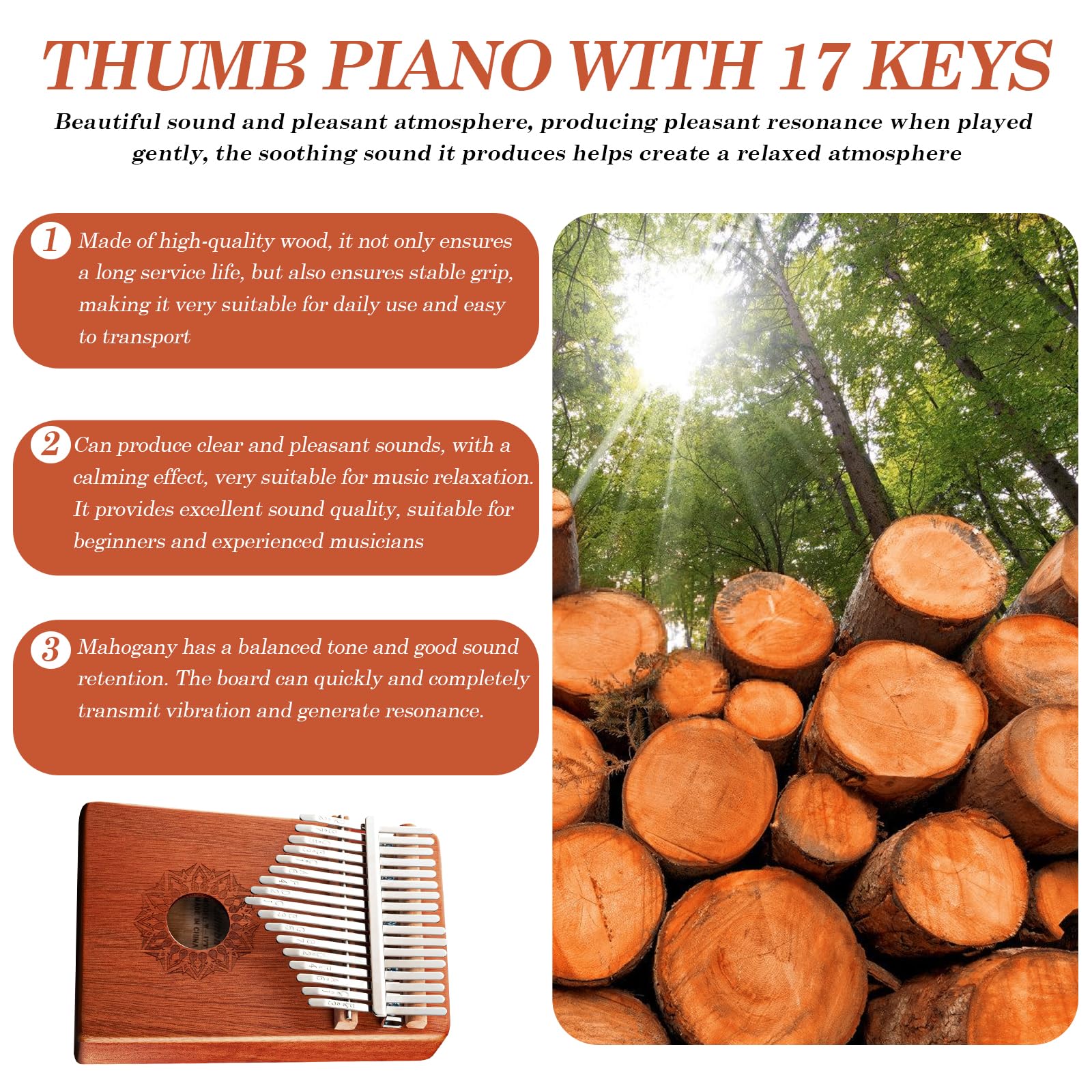 Kalimba pianino na kciuk, 17 kluczy: profesjonalny instrument kalimba z pakietem do nauki, instrumentem do nauki i instrumentem muzycznym, dla dzieci, dorosłych i miłośników muzyki