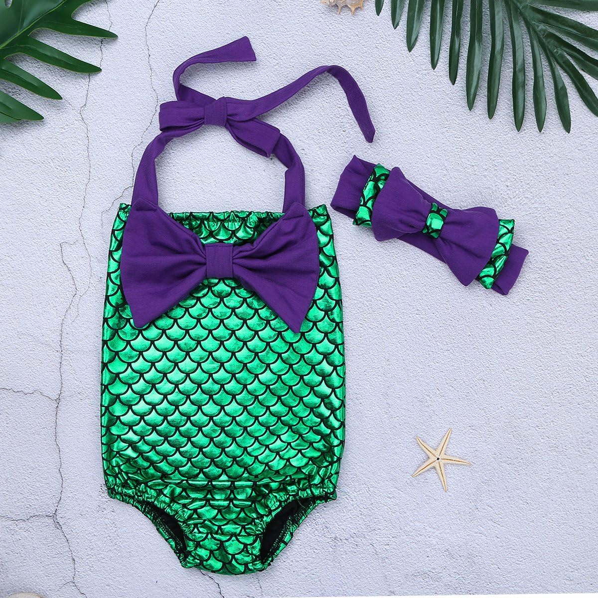 iEFiEL Kids Girls One-Piece Mermaid Swimsuit Swimmable Bowknot Halter Swimwear Bathing Suit with Headband Set Purple&Green 9-12 Months