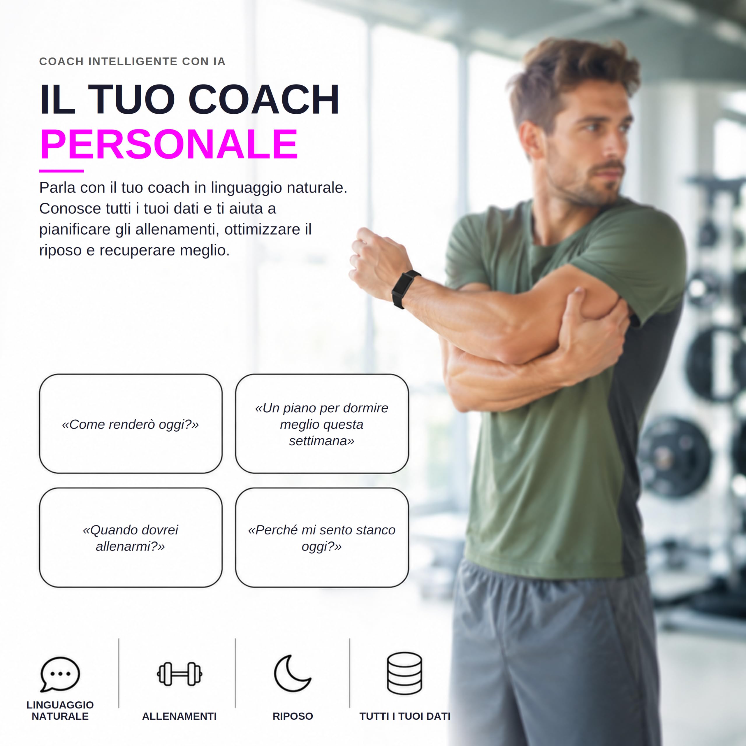 Sense Smart Band senza Display Uomo Donna, Progettata in Spagna, Coach IA, Monitor Sonno Energia Recupero, Frequenza Cardiaca 24/7 HRV SpO₂, IP68, +45 Giorni, Senza Abbonamento, Nero