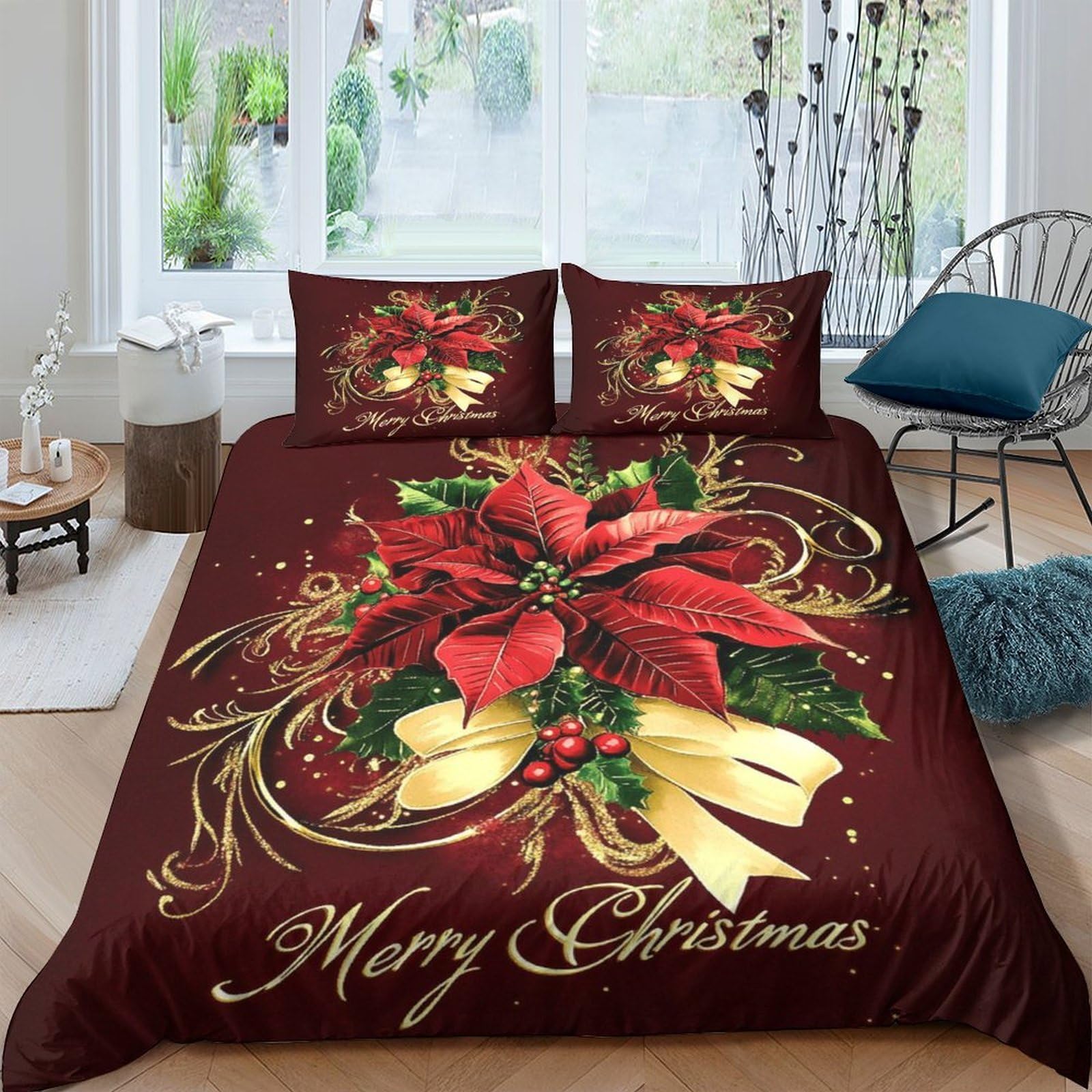 Ctjqhvkz Style-5 3D Printed Christmas Poinsettia Fitted Sheet Microfiber Red Gold Ribbon Bed Cover Washable Non Slip For Bedroom Guest Room Single（135X200cm）