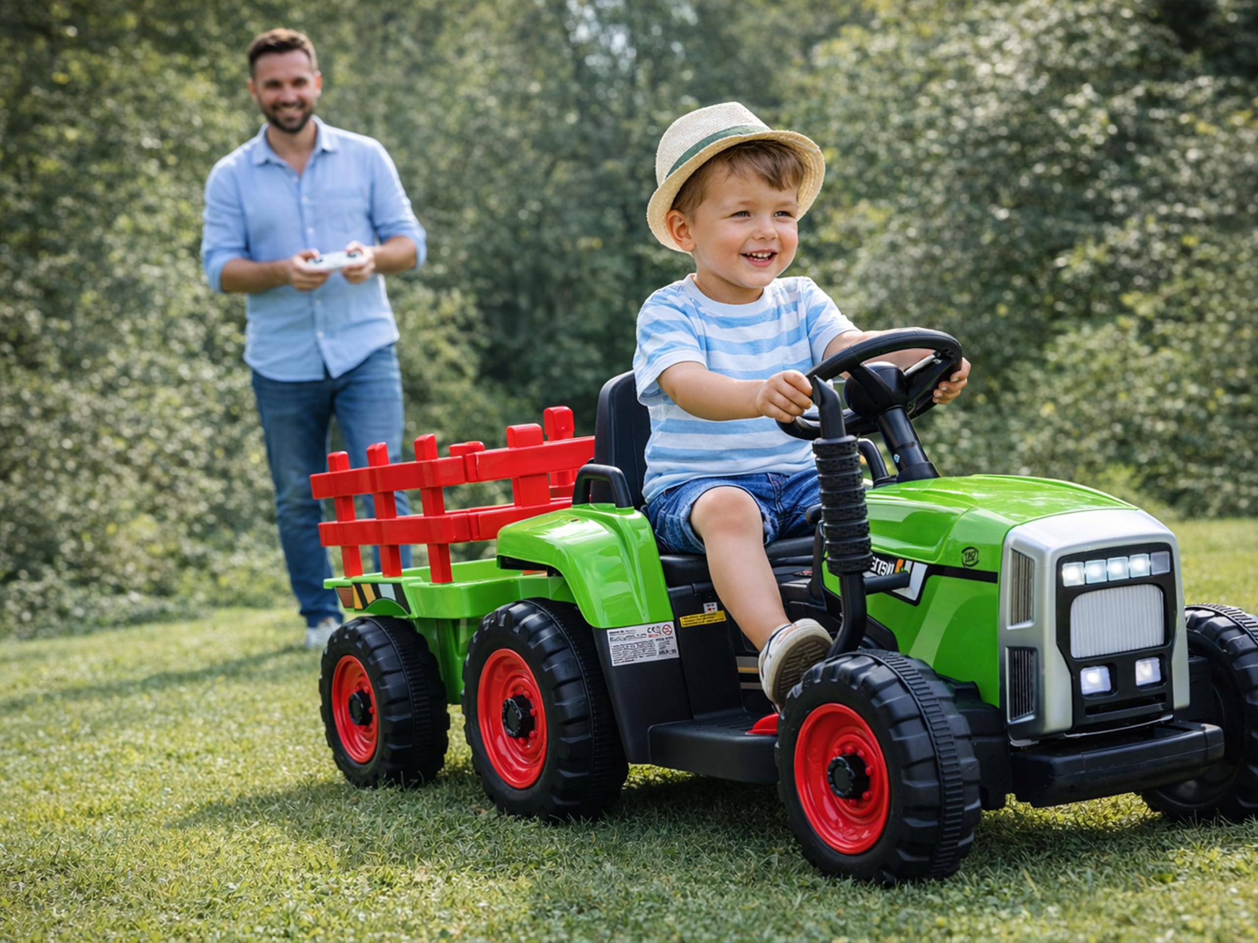 Teorema Giocattoli Teorema 66692 elektryczny traktor, 12 V, do siedzenia, dla dzieci, ze światłem, dźwiękiem, przyczepą, odtwarzaczem MP3, wejściem AUX, USB i pilotem zdalnego sterowania