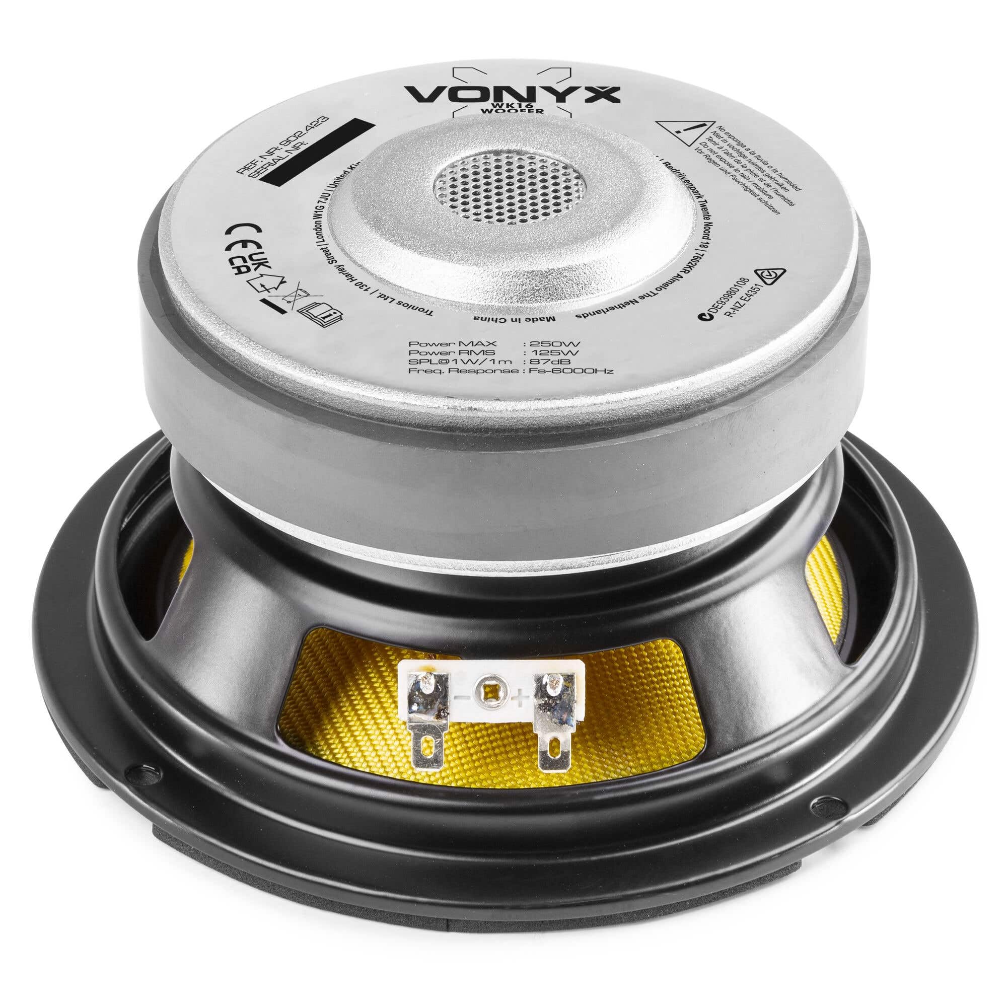 Vonyx WK16 - Haut-Parleur Grave 6,5", Puissance 250 Watts, Bobine Ventilée Résistante à la Chaleur, Suspension Caoutchouc, Membrane en Fibre Synthétique Résistante