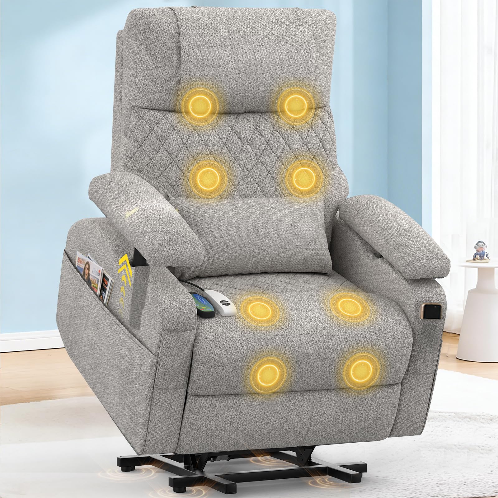 Relaxsessel Fernsehsessel Elektrischer Massagesessel mit Wärmefunktion,3D Verstellbare Armlehnen, Zusätzliche Lendenwirbelstütze,TYP C&USB-Anschlüsse,4 Aufbewahrungstaschen,TV Sessel für Heimkino