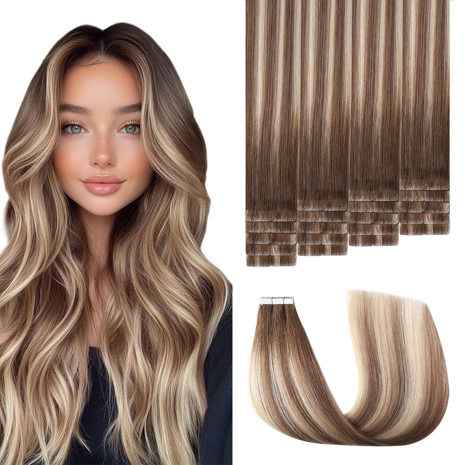 Sweetmet 3rd-Generation Invisible Tape in Hair Extensions Real Human Hair #3/8/22 Walnut Brown to Ash Brown and Golden Blonde 20pcs 45g 20inch
