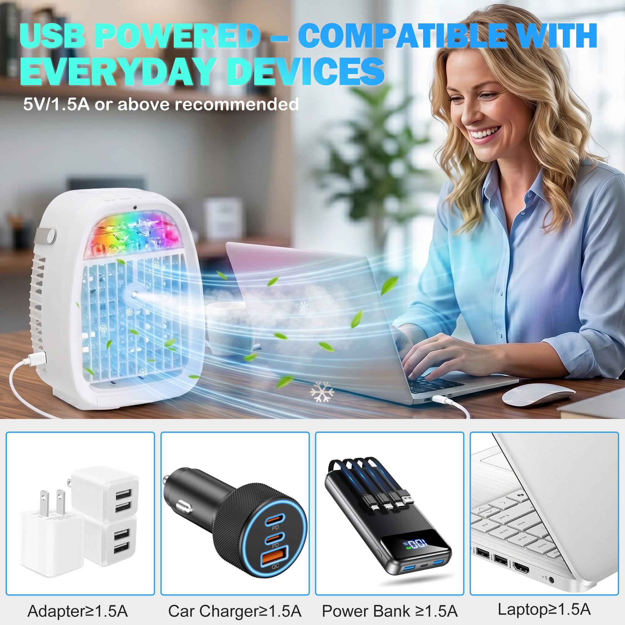Climatiseur Mobile 1100ML, Mini Rafraîchisseur d’Air 4 en 1 avec Télécommande, Ventilateur Brumisateur USB, 2 Modes Brume, 3 Vitesses, Minuteur 1H/2H/4H, Veilleuse LED, pour Chambre Bureau Camping