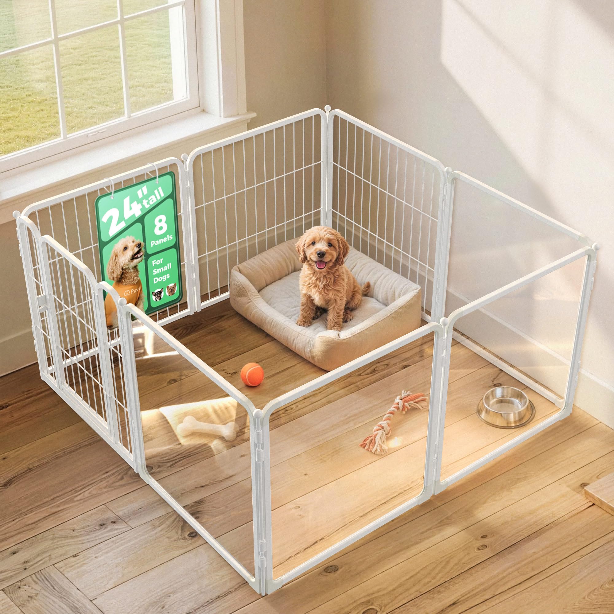 FXW AuraSpace Pro Acryl- & Drahtgitter-Auslauf für Innen, 60cm, 8-teilig | Klare Sicht, Robuster Metallrahmen, Flexible Formen, Leichter Durchgang, Für Welpen und kleine Hunde, Patentiert