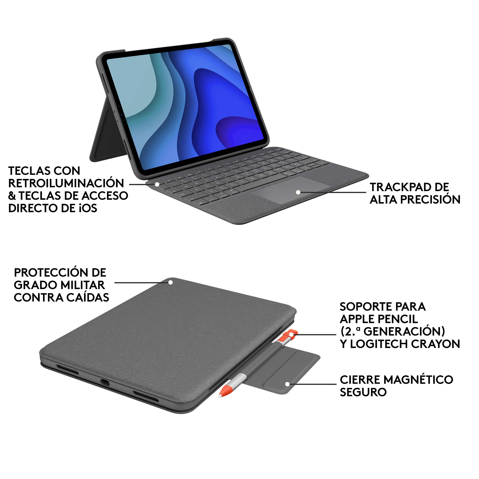 Logitech Folio Touch Funda con Teclado para iPad Pro de 11 Pulgadas (1.ª, 2.ª, 3.ª, 4.ª generación - 2018, 2020, 2021, 2022), retroiluminado, Trackpad, Disposición QWERTY Español, Gris