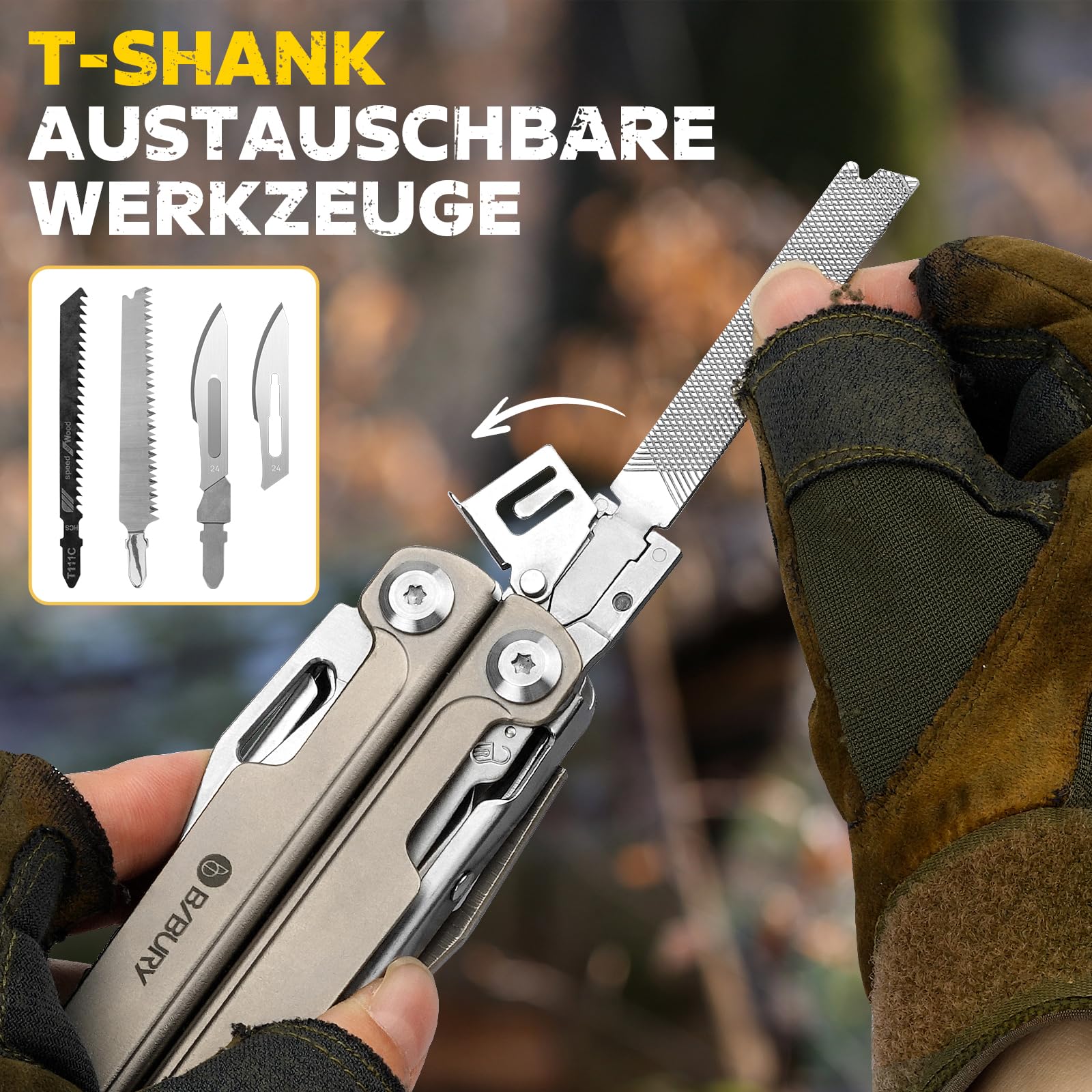 BIBURY Multitool Titan & Damast Messer - Multifunktionswerkzeug mit Zange, Schere, austauschbarer Säge & Bits - Profi EDC Taschenmesser Geschenke für Männer, Reparieren, Camping Zubehör BI2049TI