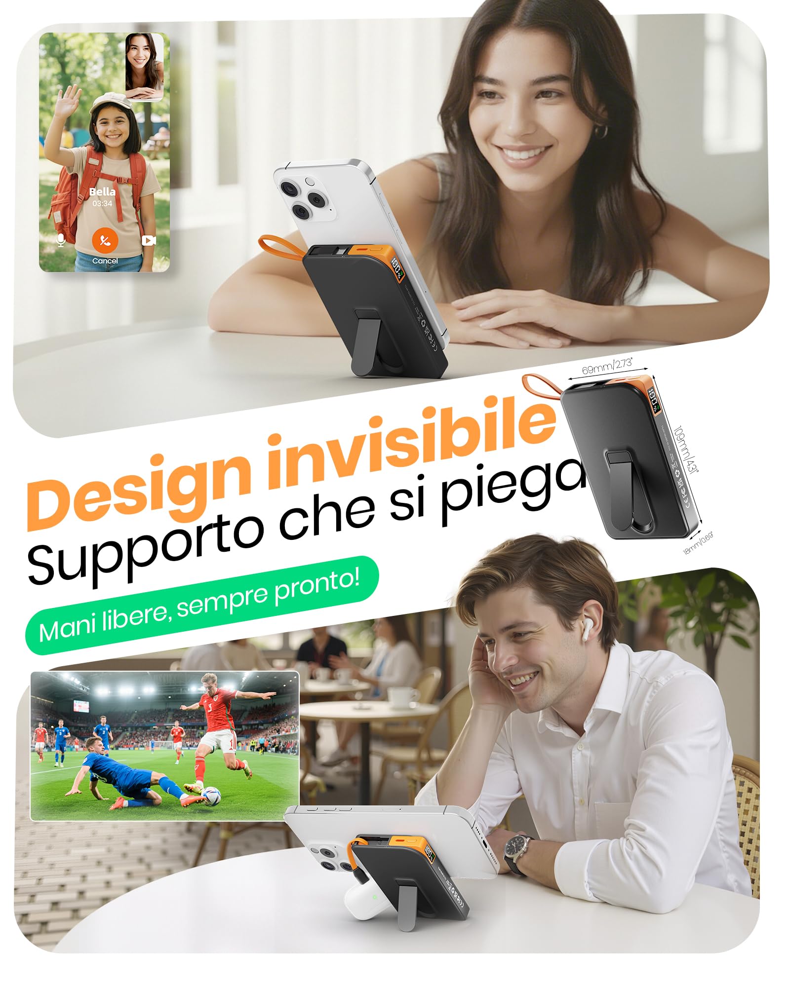 Powerbank Magsafe,10000mAh Power Bank iPhone Ricarica Rapida 22.5W a Cavo Integrato,Caricatore Portatile Magnetico con Display LED & Stand, Wireless Batteria Esterna per iPhone 17/16/15/14/13/12 Serie