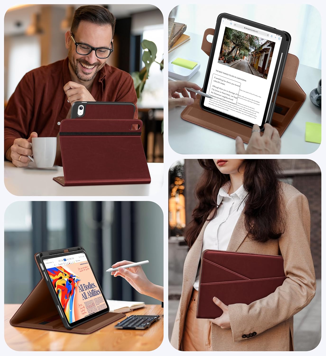 DTTO for iPad A16 Case, iPad 11th / 10th Generation Case (2025/2022), 360 Degree Rotating Premium Leather Folio Stand Cover with Pencil Holder, Burgundy Red