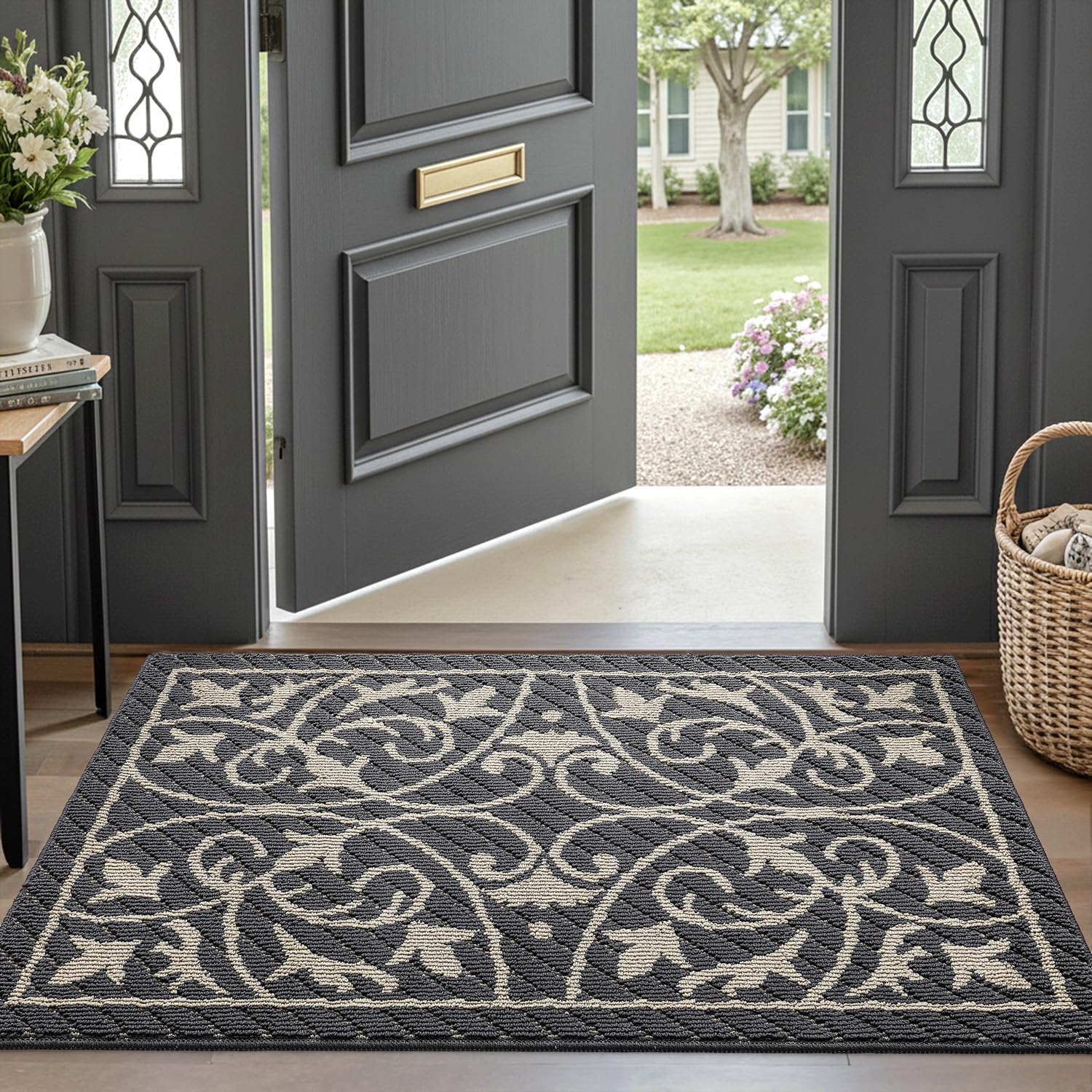 DEXI Tapis d'entrée intérieur pour porte d'entrée, tapis de bienvenue à profil bas, fin, antidérapant, lavable, pour sol de maison, capte la saleté, 81 x 122 cm, gris foncé