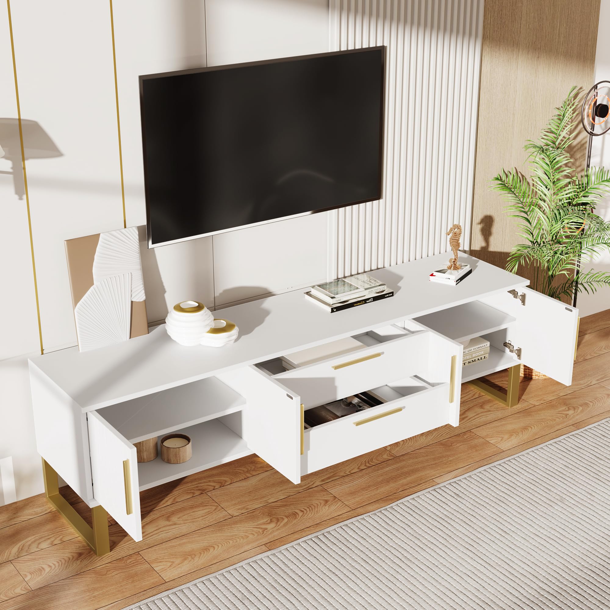 Mobile TV Moderno Con Cassetti E Ante - Bianco Con Maniglie E Gambe Dorate, Angoli Curvi E Lati Ondulati
