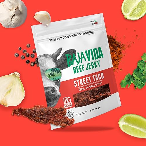 Vista 5 de Baja Vida Street Taco Beef Jerky - Paquetes de bocadillos de carne seca dulce y picante, cecina saludable, sin gluten, carne de res totalmente