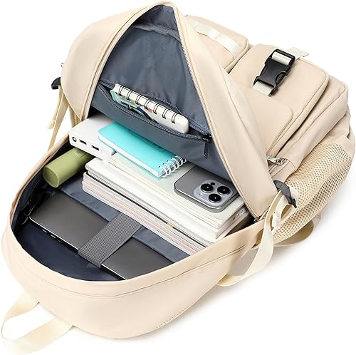 Miniatura 4 de Wadirum Linda mochila para computadora portátil para niña, bolsa universitaria de moda, mochila para mujer, color beige