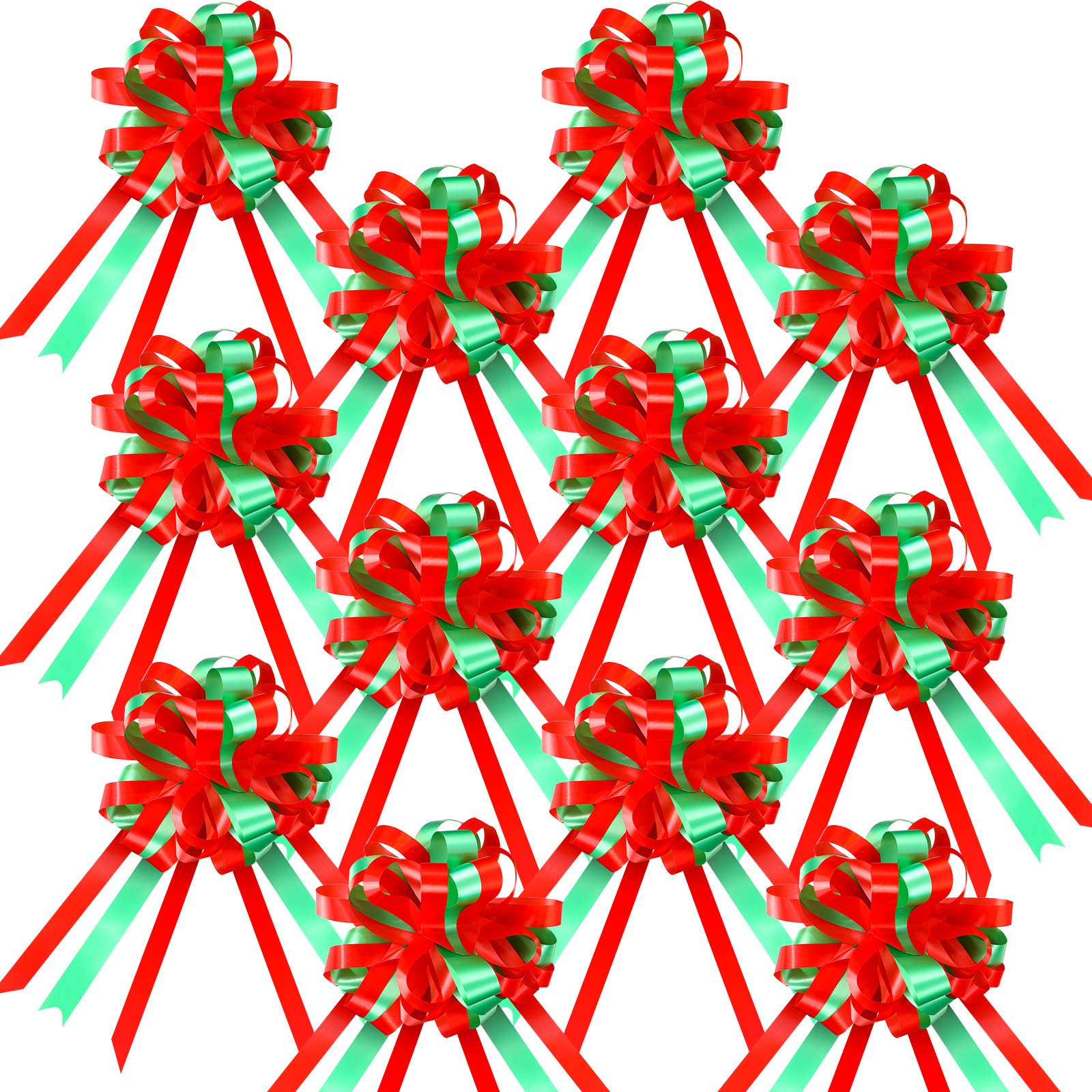 24 Pcs Large Christmas Pull Bows 8 Inch Red Green Pull Bows Wrapping Bows Christmas Bows for Gift Wrapping Xmas Present Basket Home Decoration
