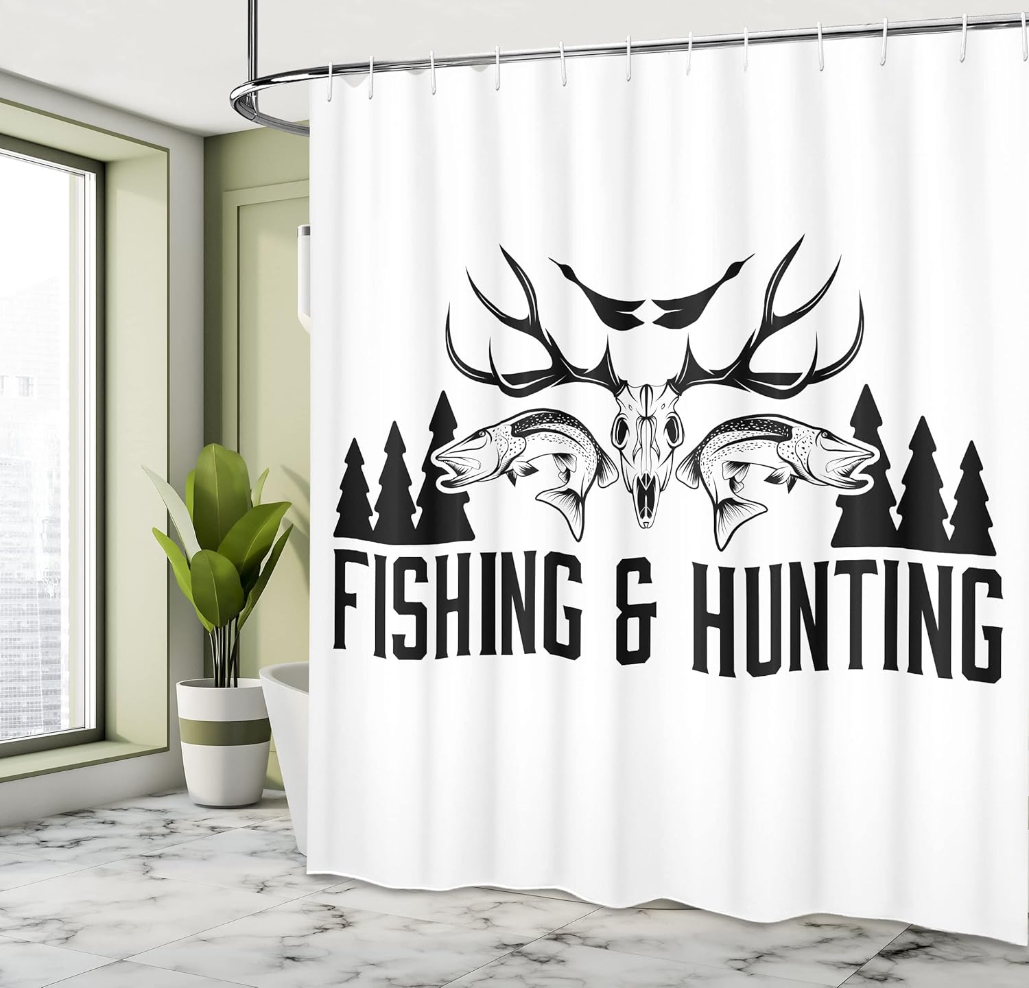 Ambesonne Hunting Shower Curtain, Hunting and Fishing in Vintage Emblem Design Antler Horns Mallard Pine Tree, Cloth Fabric Bathroom Decor Set with Hooks, 69" W x 84" L, Ink and White