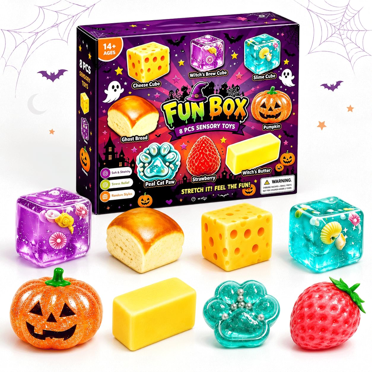 8Pcs Halloween Squishy Fun Box Set, 2026 Squeeze Fidget Kit with Big Mini Real Squishies, Soft Stretchy Sensory Pack for Adults Anxiety Stress Relief, Cute Desk Decor & Party Favors