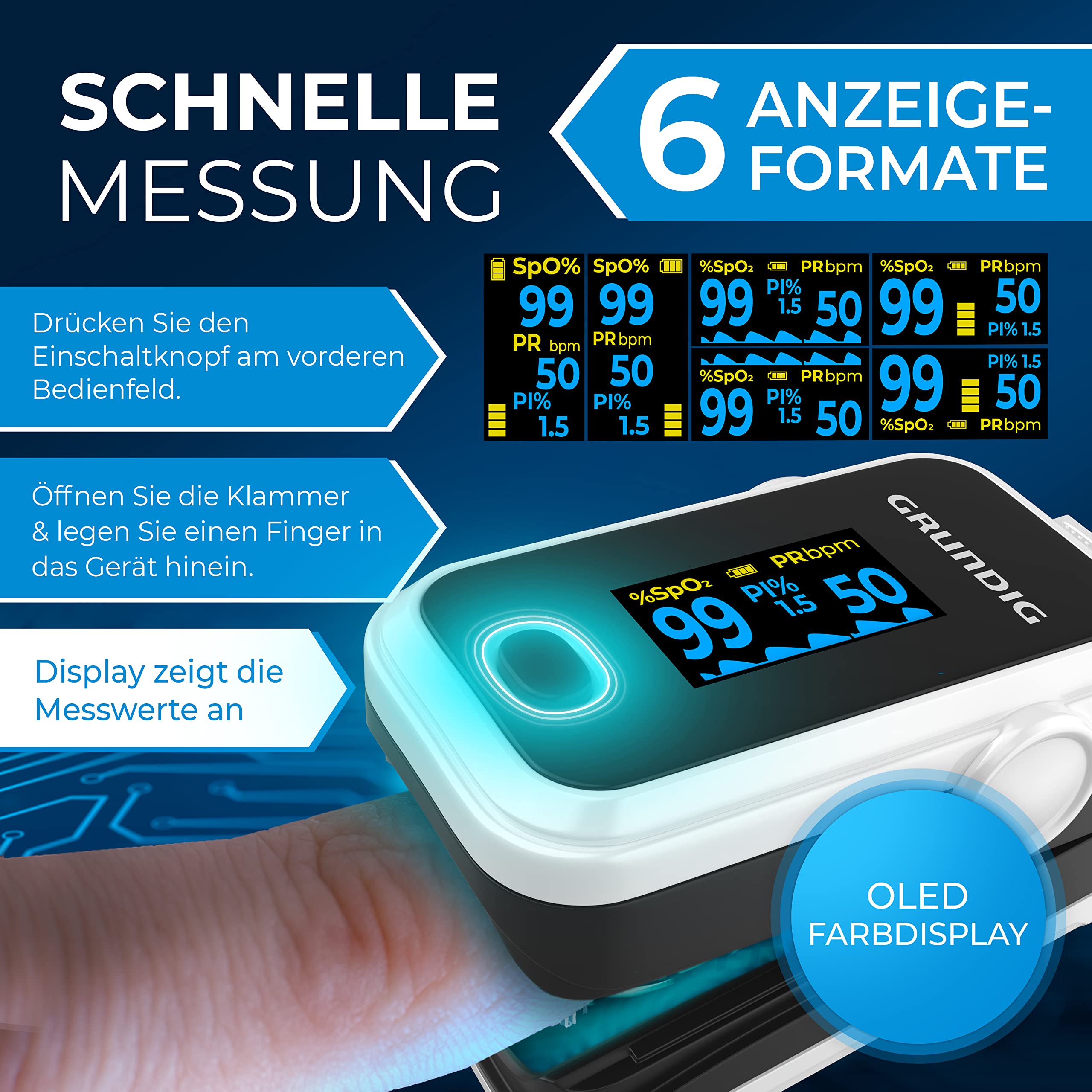 GRUNDIG Pulsoximeter Sauerstoffsättigung Oximeter TESTSIEGER - Hochpräzises Fingeroximeter Messgerät zur genauen Messung der Sauerstoff Sättigung im Blut - Finger Messgerät Pulsmesser (schwarz weiß)
