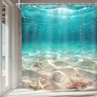 Imirell Blue Sea Shower Curtain 72Wx72H Inches Underwater Beach Coastal Under The Sea Scenery Starfish Shells Pearls Nature Ocean Fabric Waterproof Polyester with 12 Pack Hooks Plastic