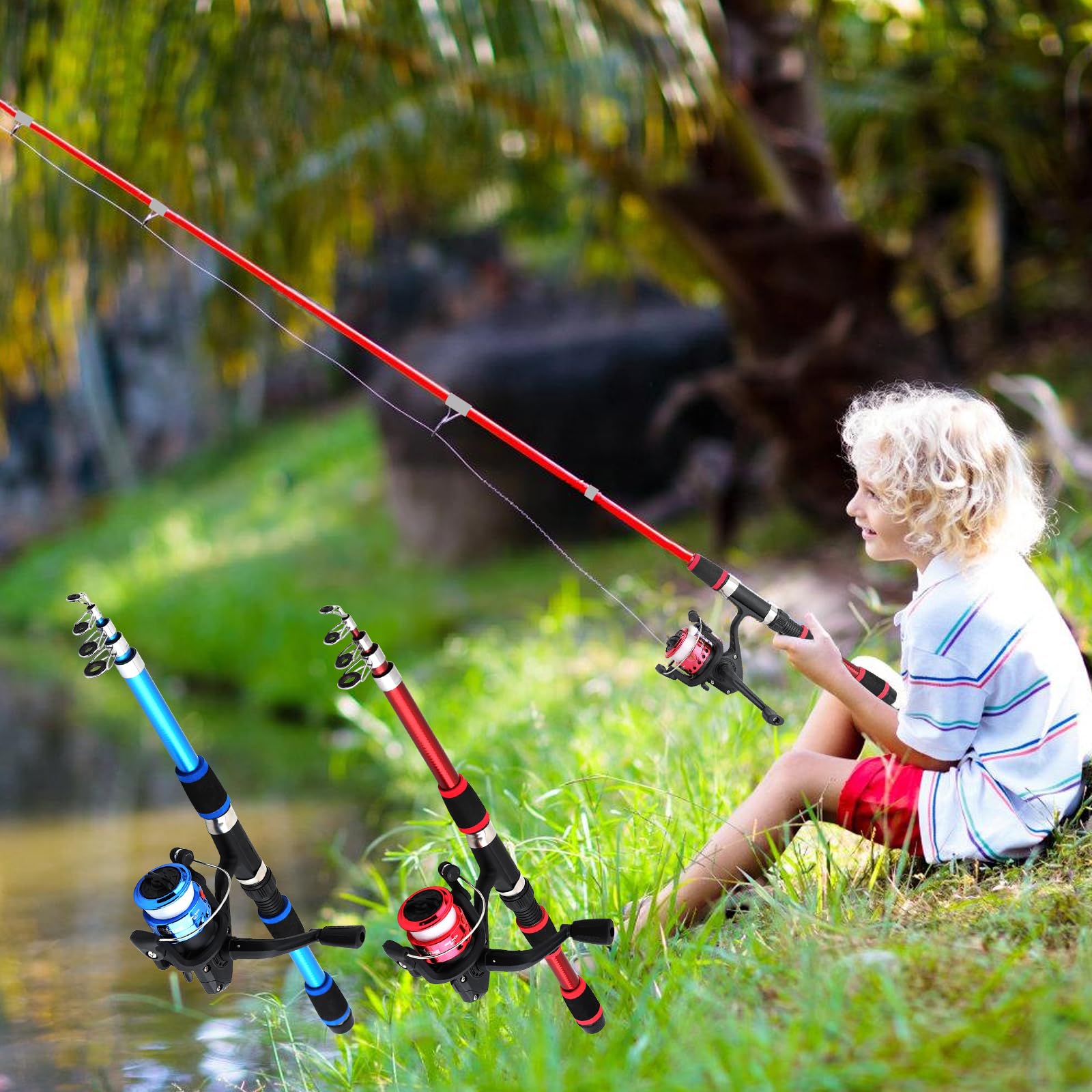 Juego de pesca para niños, juego de iniciación para niños, juego de cañas de pescar para niños, 180 cm, juego completo de accesorios de pescado, caña de pescar telescópica con carrete de pesca, juego