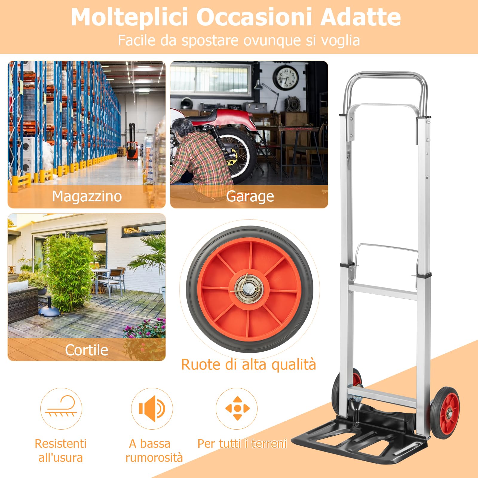 GYMAX Carrello Manuale in Alluminio, Carrello da Trasporto con Maniglia Regolabile in Altezza e Ruote, Carrello a Sacco Pieghevole per Magazzino, Garage e Giardino, Portata 100 kg, Argento + Nero