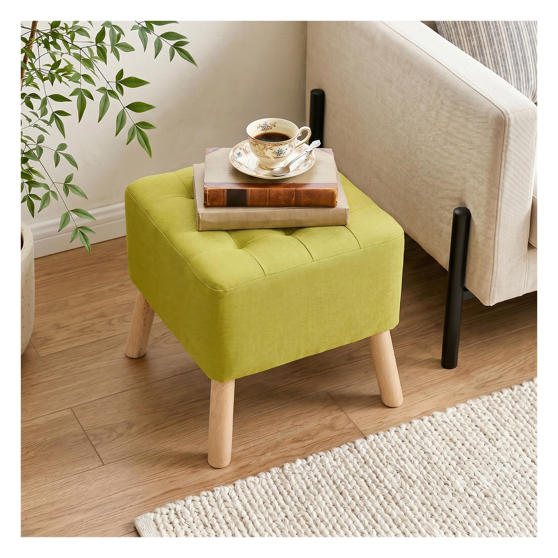 INMOZATA Square Footstool Linen Foot Rest Stool with Tufted Button, Solid Oak Legs & Non-Slip Pads, Removable Legs Change Shoe Footrest for Living Room, Bedroom, Hallway(Green,41x41x41cm)