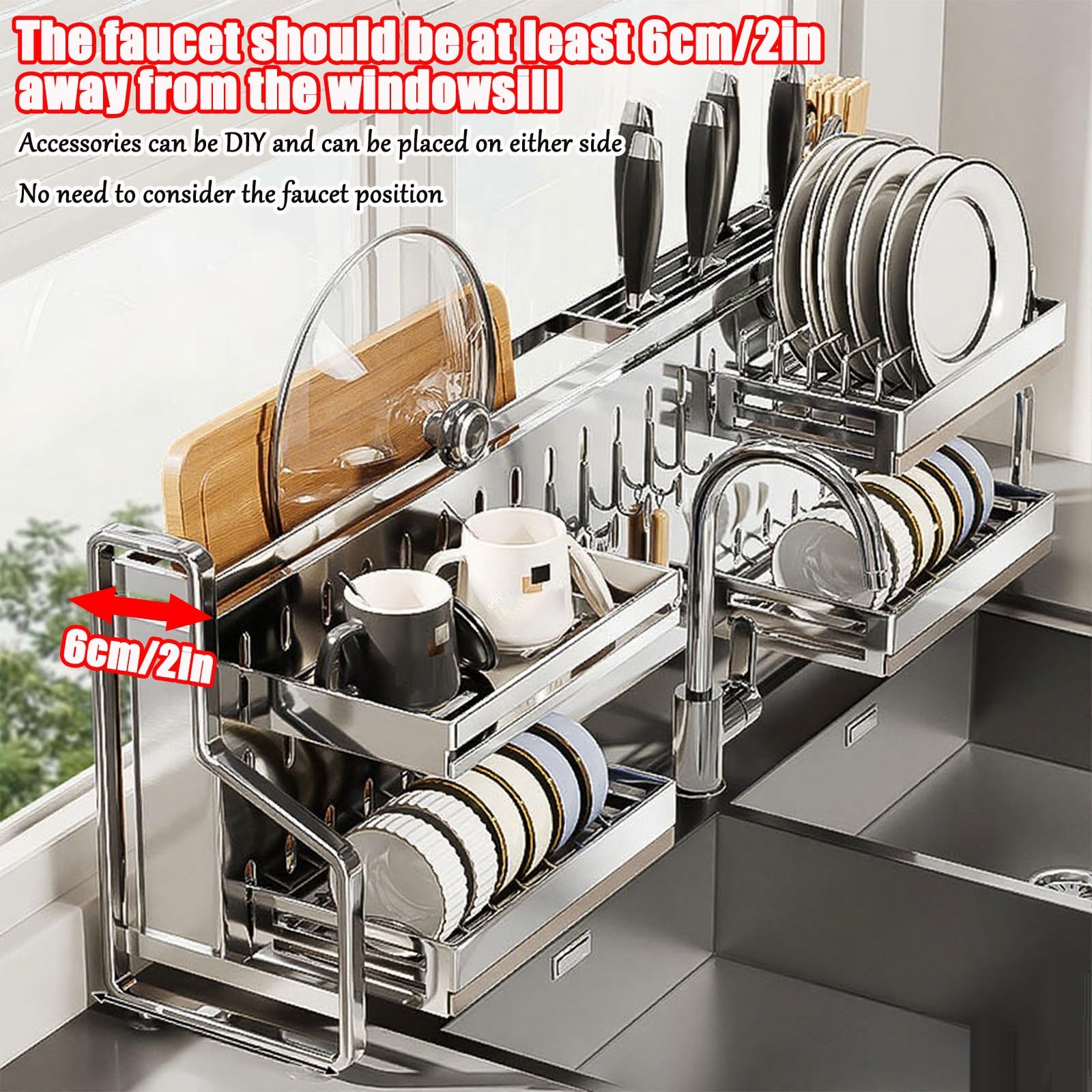 Escurridor de platos de acero inoxidable 304 modelo B de 77 cm, duradero y elegante, resistente al óxido, diseño de ahorro de espacio
