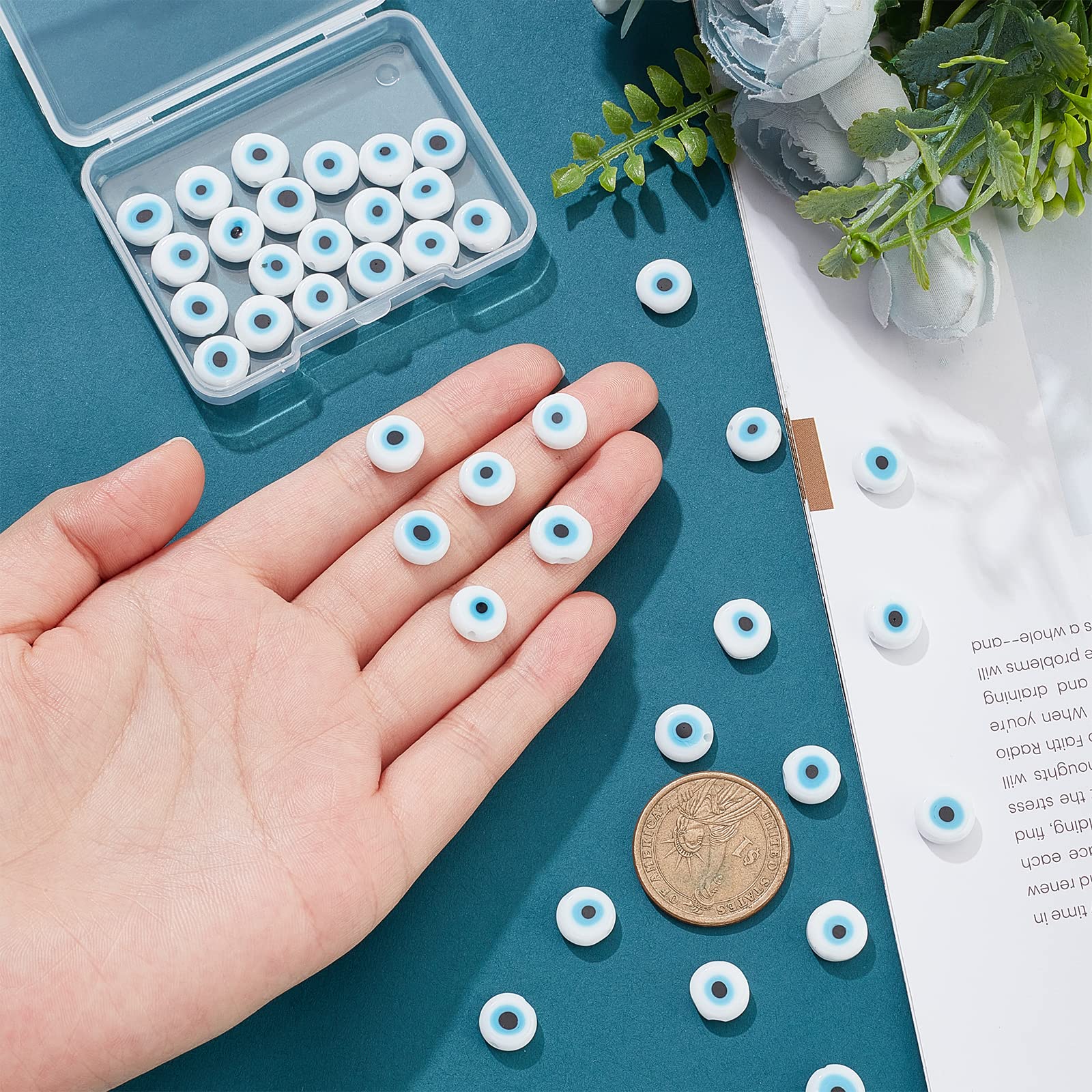 NBEADS 38 Pcs White Glass Evil Eye Beads, 1 Strand Handmade 10mm Flat Round Lampwork Charms for Jewelry, White-flat Round - Image 3