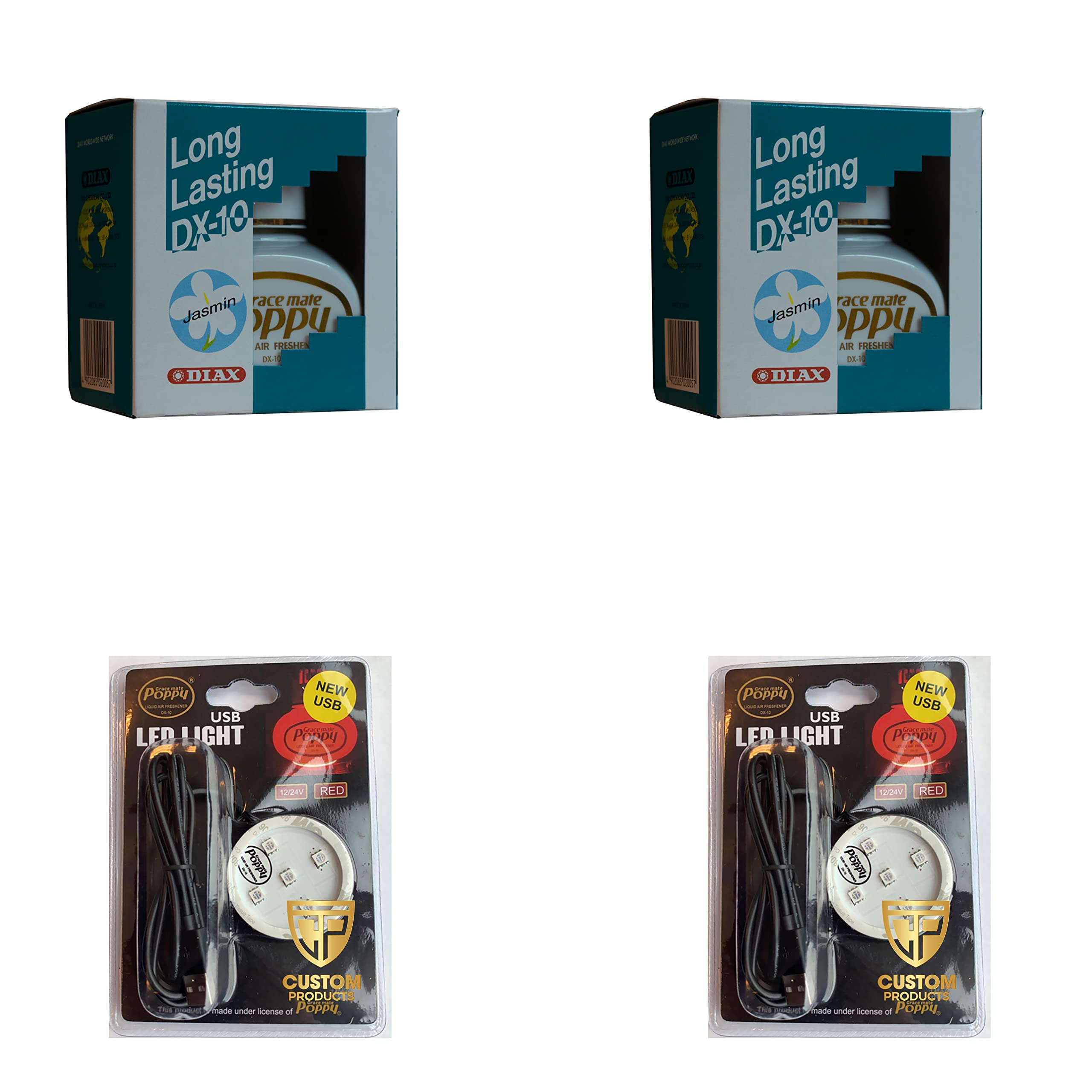 Gracemate Poppy Air Freshener Jasmin x 2 and 2 x RED Led Light Base with USB & Micro USB Fittings - with FREE NEXT DAY UK DELIVERY