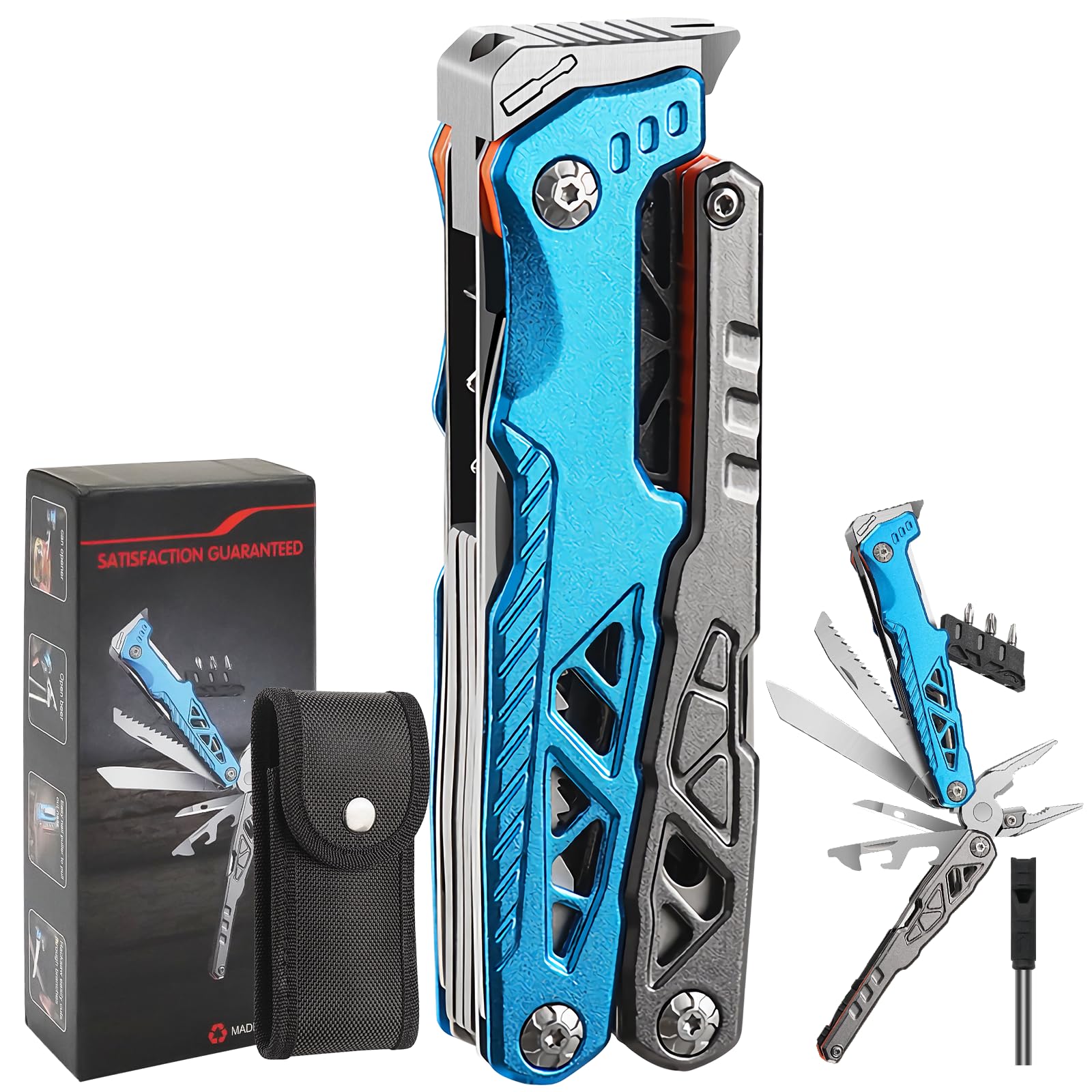 Pince Multifonction en Acier Inoxydable 17 en 1, Couteau Multifonction avec Sac, Outil Multitool Scie Embouts Tournevis Ouvre-Bouteille pour Camping, Extérieur, Randonnée, Survie, Réparation