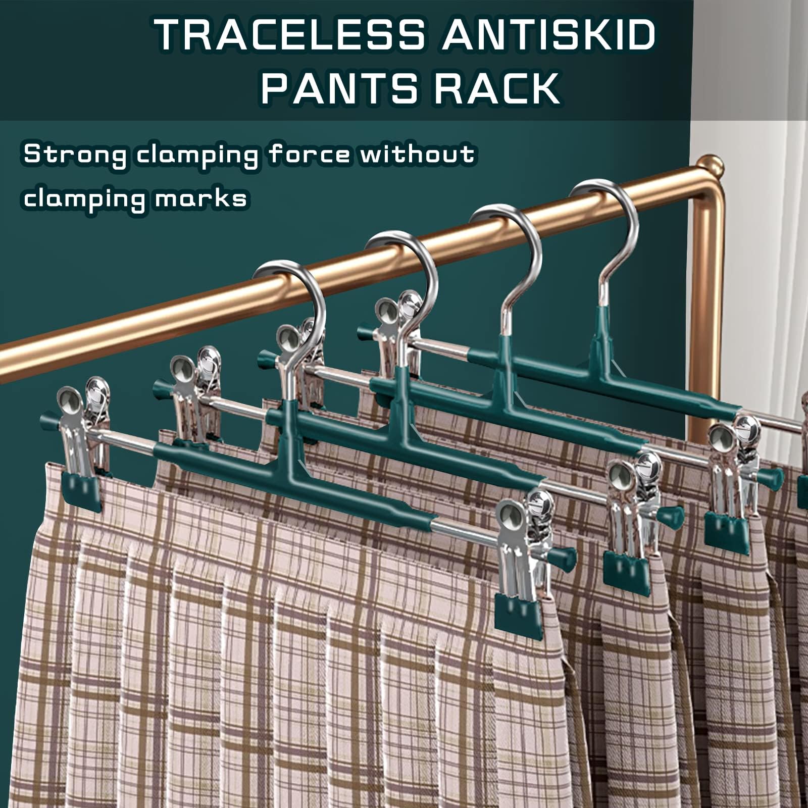 Confezione da 50 grucce per pantaloni con clip regolabili, in metallo, antiscivolo, resistenti, salvaspazio, per pantaloncini, jeans, verde