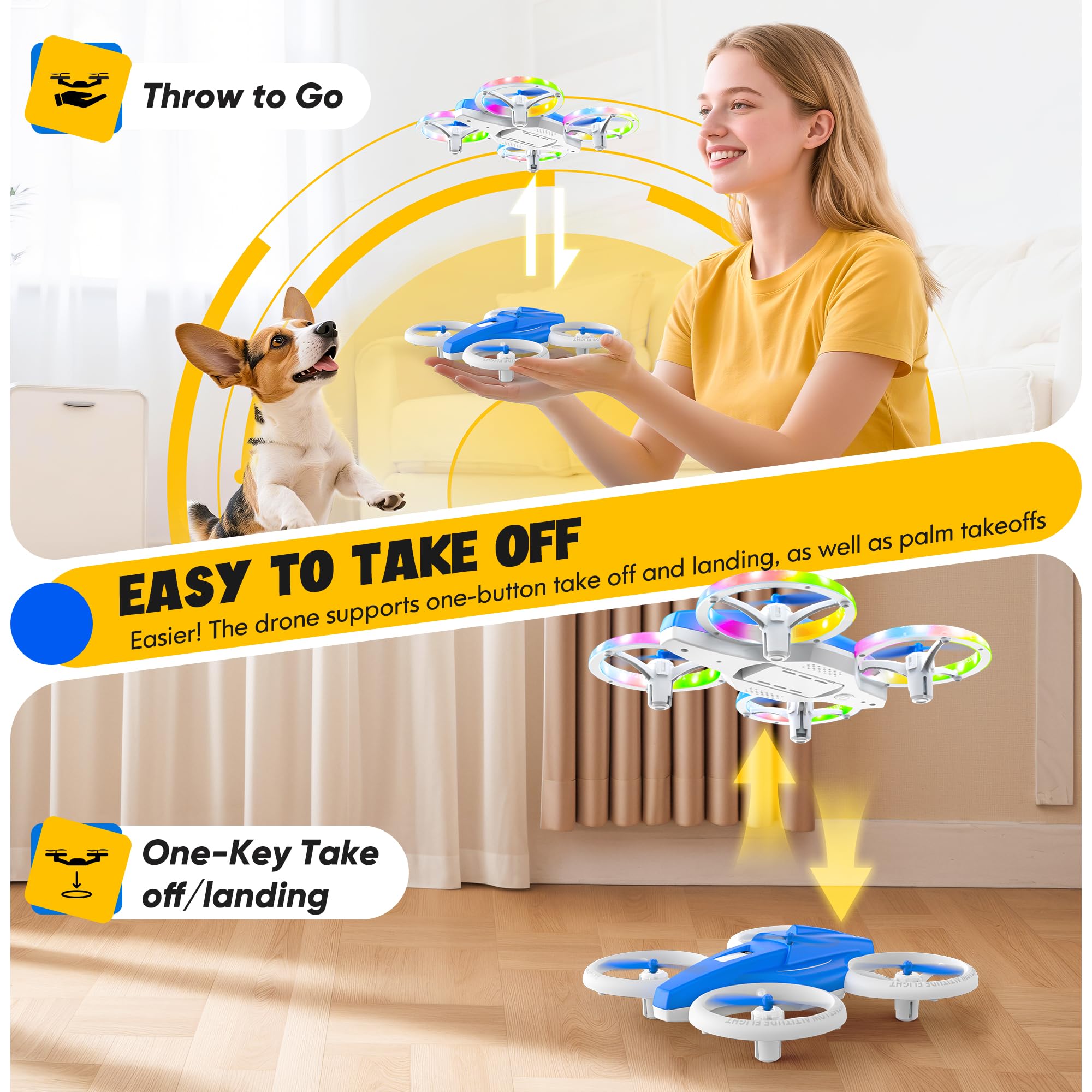 Drones for Kids With Cool Light, Kids Drone with 3D Flip, Altitude-Hold, Self-Rotation, Headless Mode, 3 Speed Modes, One-Click Take-off/Landing, Mini Drone for Christmas, Beginners, Indoor