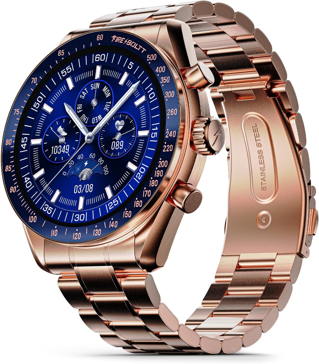Fire-Boltt Moonwatch 36.3mm (1.43 inch) AMOLED Display, Wireless Charging, Metallic Frame, Stainless Steel Luxury Straps, Complete Health Suite, Bluetooth Calling, Sports Modes (Rose Gold)