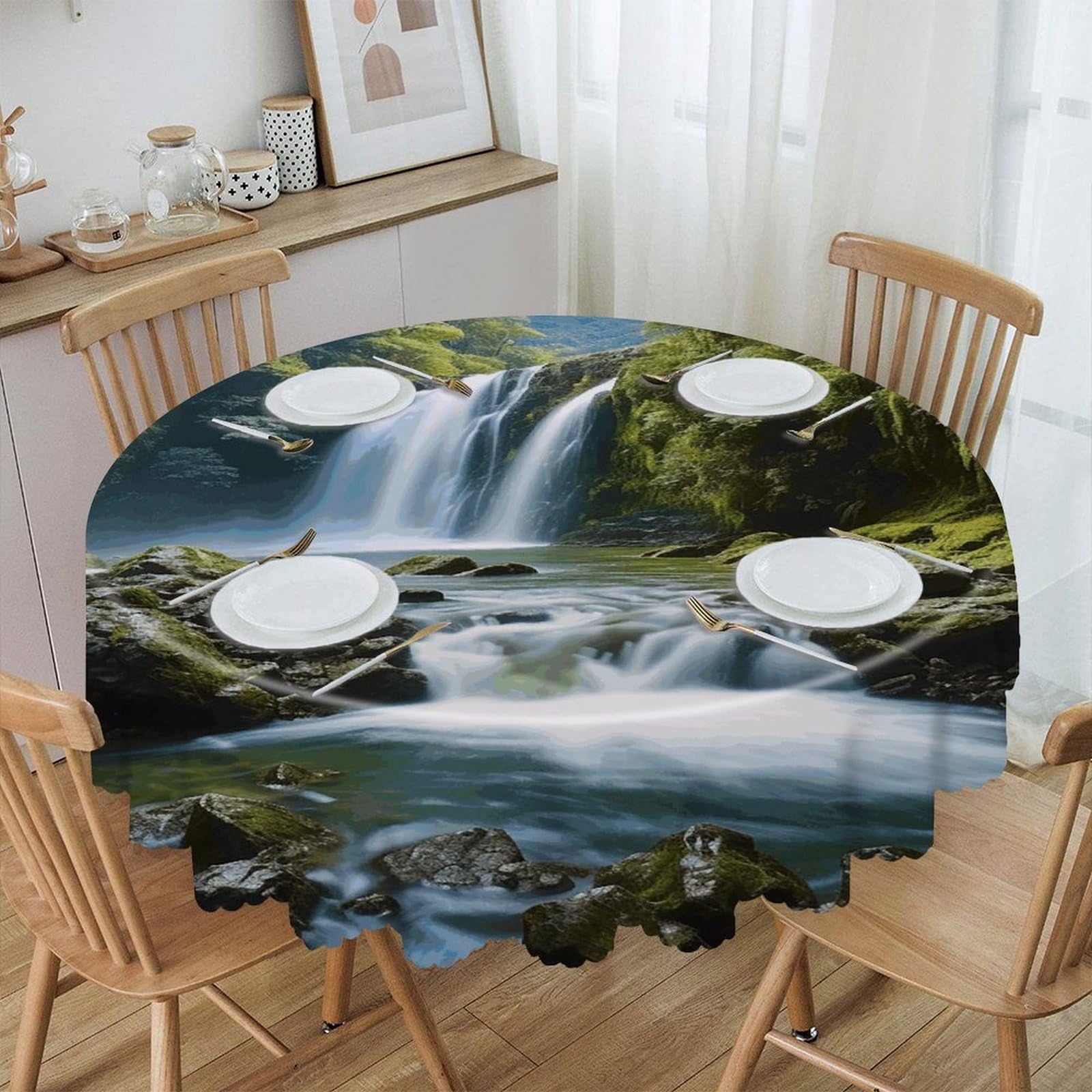 LZQPOEAS Waterfall Landscape Painting Round Tablecloth Rustic Circle Table Cloth Wrinkle Resistant Decor Tablecloth Waterproof Washable Table Cover for Kitchen Party Dining Table 60 Inch