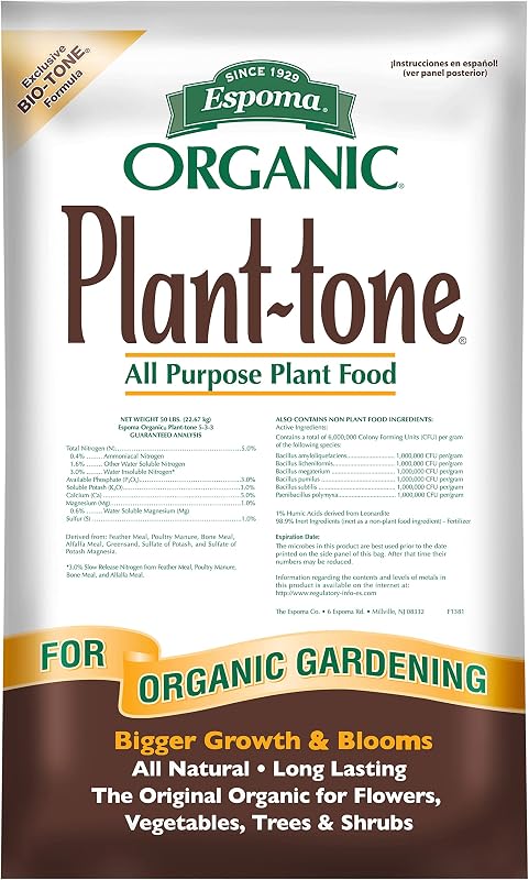 Organic Plant-Tone 5-3-3 Natural & Organic All Purpose Plant Food; 50 lb. Bag; The Original Organic Fertilizer for All Flowers, Vegetables, Trees, and Shrubs