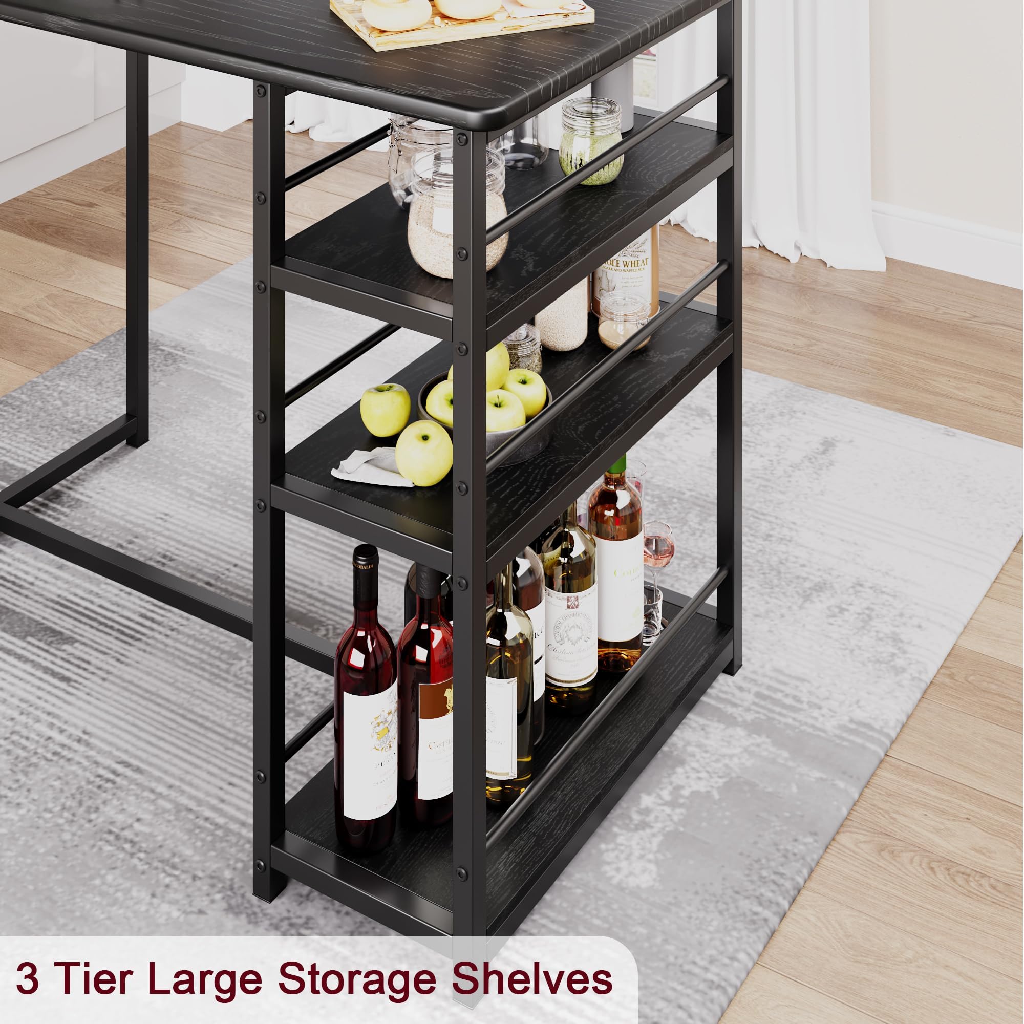Mesa de cocina pequeña, mesa de comedor con 2 sillas, 3 estantes laterales, mesa de bar con taburetes de bar, conjunto de comedor para cocina, comedor, salón, color negro