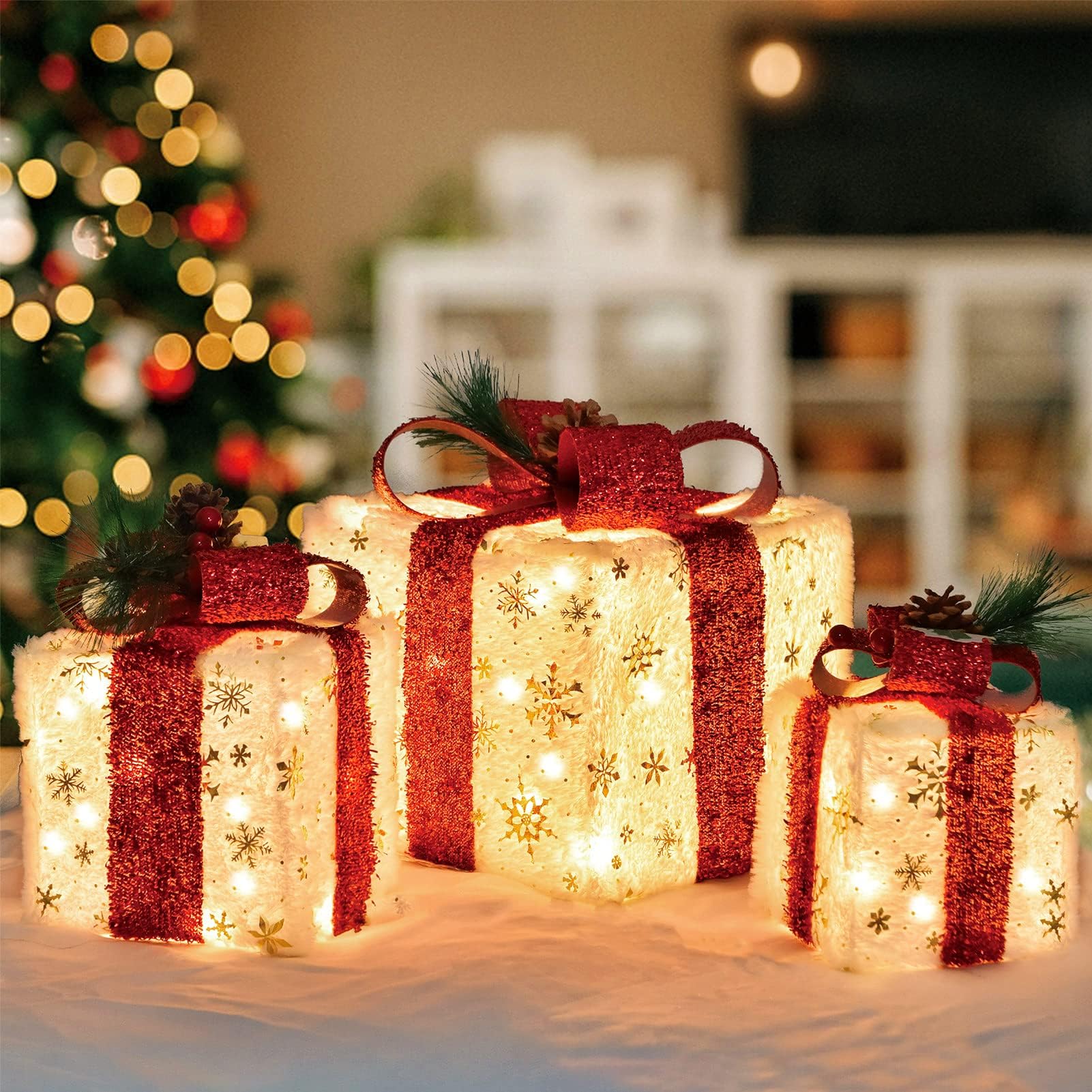 aonear Set of 3 Christmas Lighted Gift Boxes Decorations Indoor, Pre-lit 60LED Warm White, Gold Snowflake & Red Bows, Battery/USB Operated, Perfect for Home, Parties, Holidays & Weddings