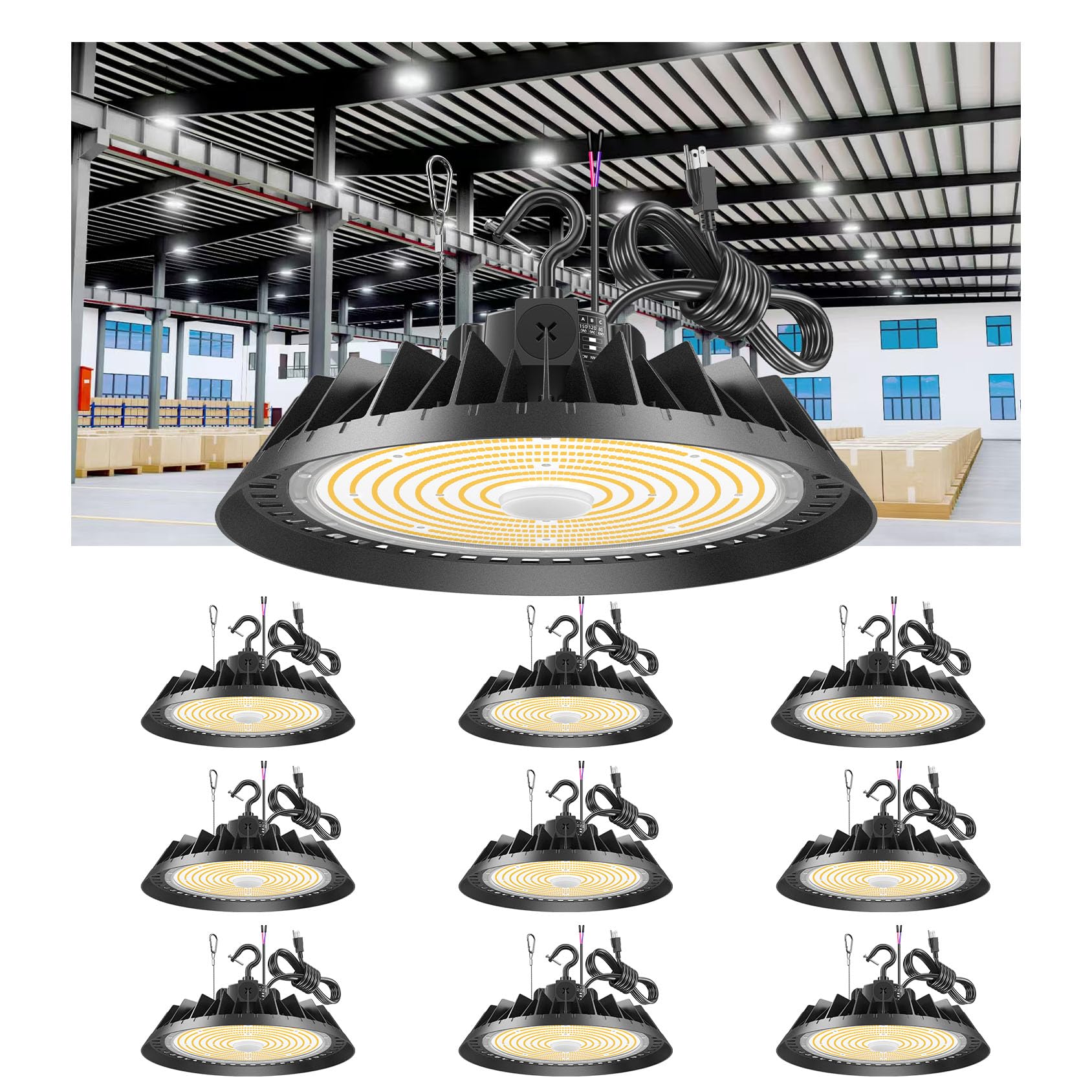 9 Pack UFO LED High Bay Light 300W 240W 200W Adjustable 3 Color Brightness Adjustable 0-10V Dimmable DLC