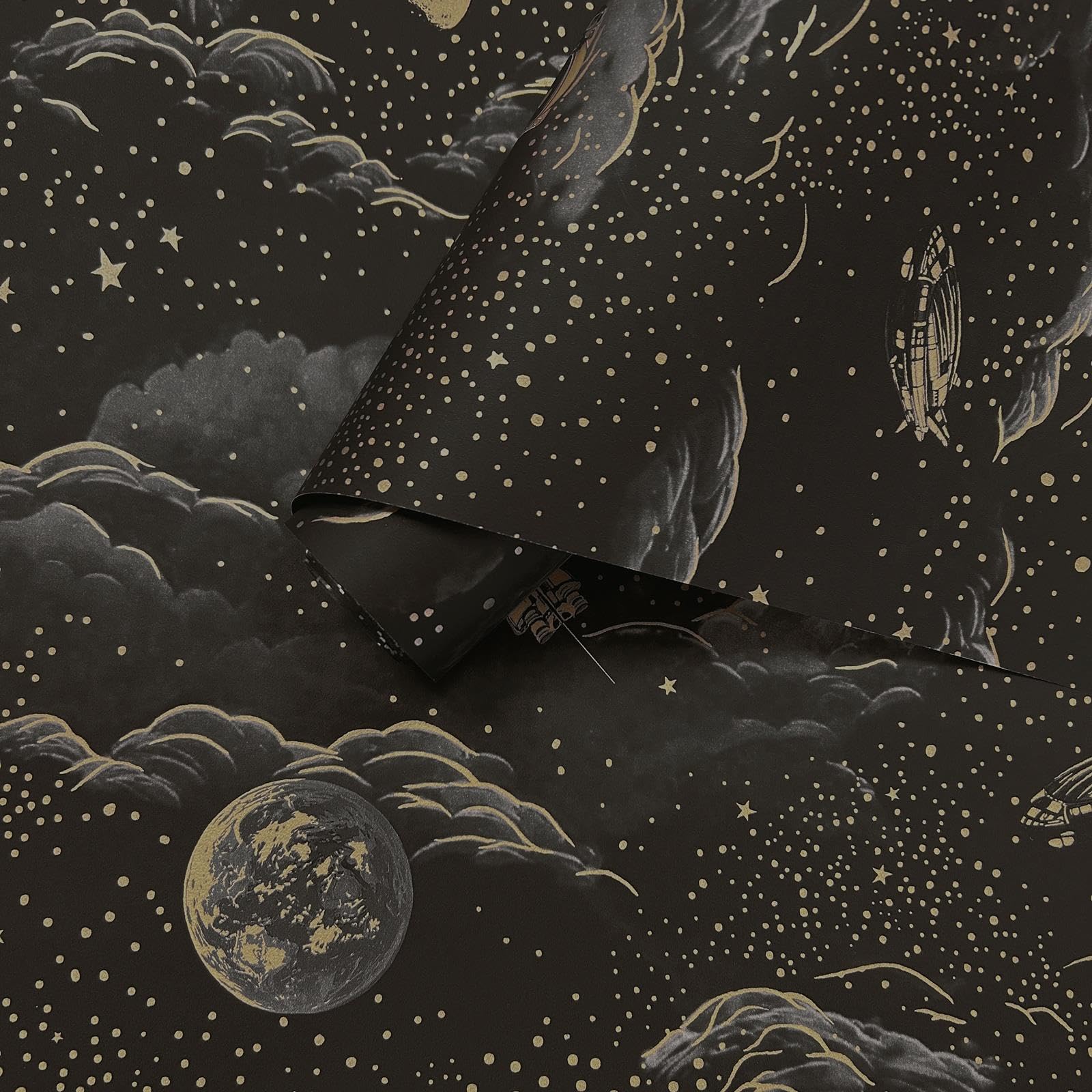 SOPHIE LAURENCE Black Gold Space Wallpaper Metallic Astronauts Moon Stars Kids Feature Bedroom