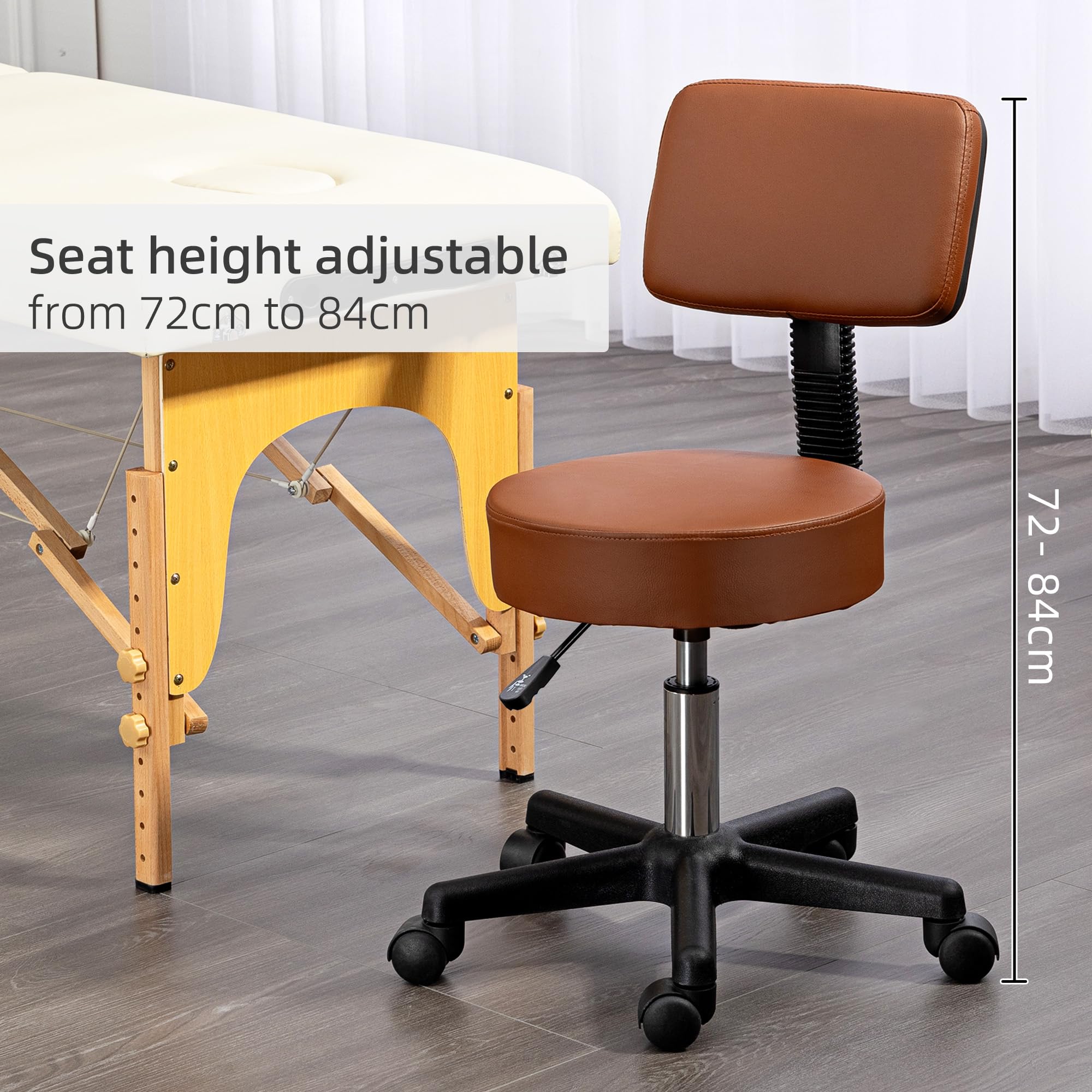 HOMCOM Silla giratoria de peluquería con asiento acolchado 48cm Marrón | 5 ruedas, altura ajustable, peluqueros, tatuaje, spa, cojín rodante, profesional