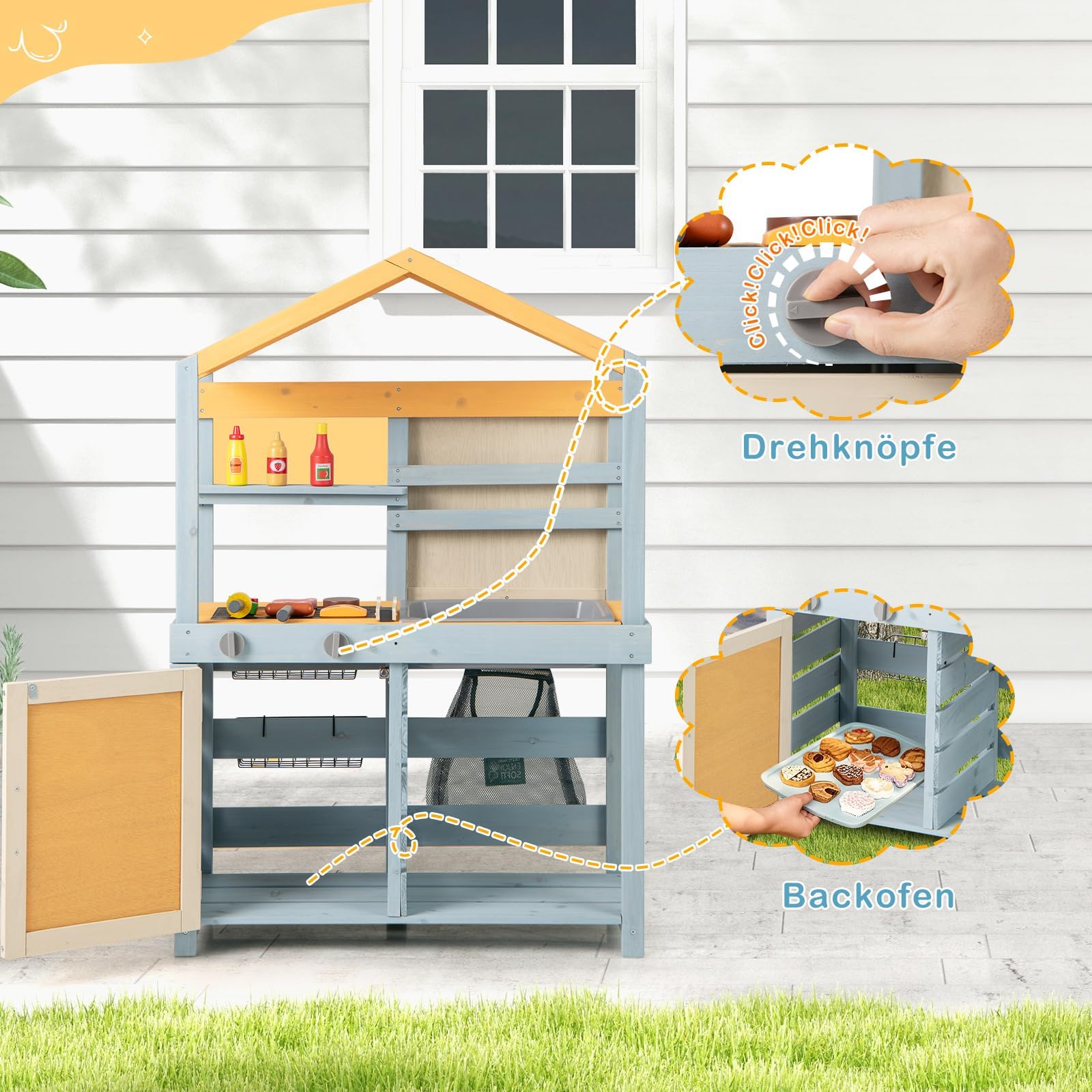 COSTWAY 2-IN-1 Matschküche Kinder Outdoor, Kinderküche Holz mit Tasche & Körben, Tafel & Zubehör, Spielküche mit ausnehmbarem Spülbecken, Outdoorküche für Kinder ab 3 Jahren