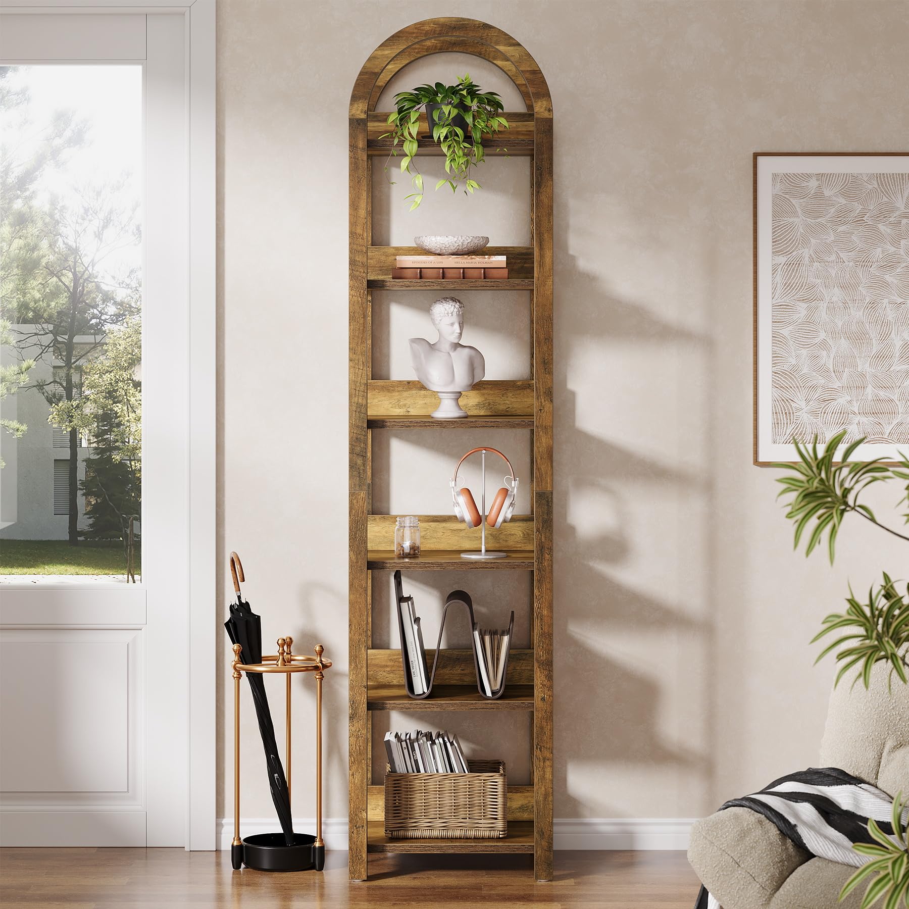 Tribesigns Estantería de 6 Niveles Alta 180 cm Pulgadas, Arqueado Madera Estantería Eelgada con Estantes de Almacenamiento Abiertos, Estante de Esquina para Sala, Oficina, Dormitorio