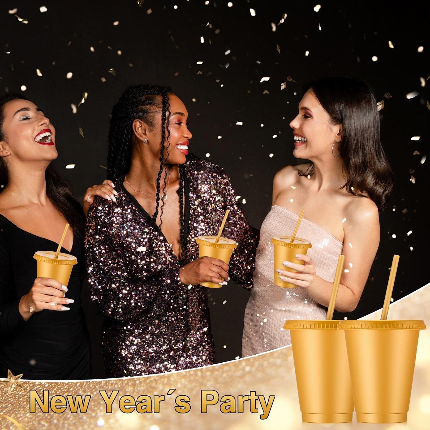 Rtteri 30 Pieces Reusable Cups with Lids and Straws 16 oz Glitter Iced Coffee Tumbler Plastic Travel Mug Cup for Smoothie Juices Valentine's Day, Birthdays, Flamingo Party Bachelor Party(Gold) - Image 6